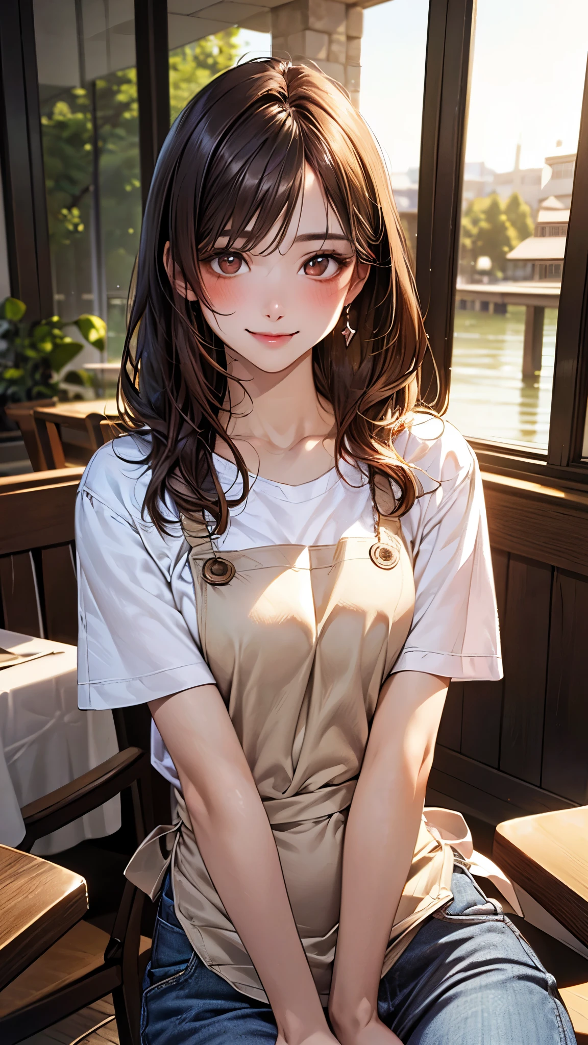 (masterpiece:1.2, top-quality), (realistic, photorealistic:1.4), beautiful illustration, (natural side lighting, cinematic lighting), 
beautiful detailed hair, beautiful detailed face, beautiful detailed eyes, beautiful clavicle, beautiful body, beautiful chest, beautiful thigh, beautiful legs, beautiful hands, 
looking at viewer, upper body, 1 woman, japanese, 20 years old, perfect face, cute and symmetrical face, shiny skin, 
(long hair, straight hair, brown hair), beautiful tidy hair, brown eyes, long eye lasher, (medium breasts), slender, outstanding style, 
(detailed cloth texture, short sleeve white t-shirt, apron, sweater clothes), jeans, 
(beautiful scenery), evening, (restaurant), (smile, blush), 