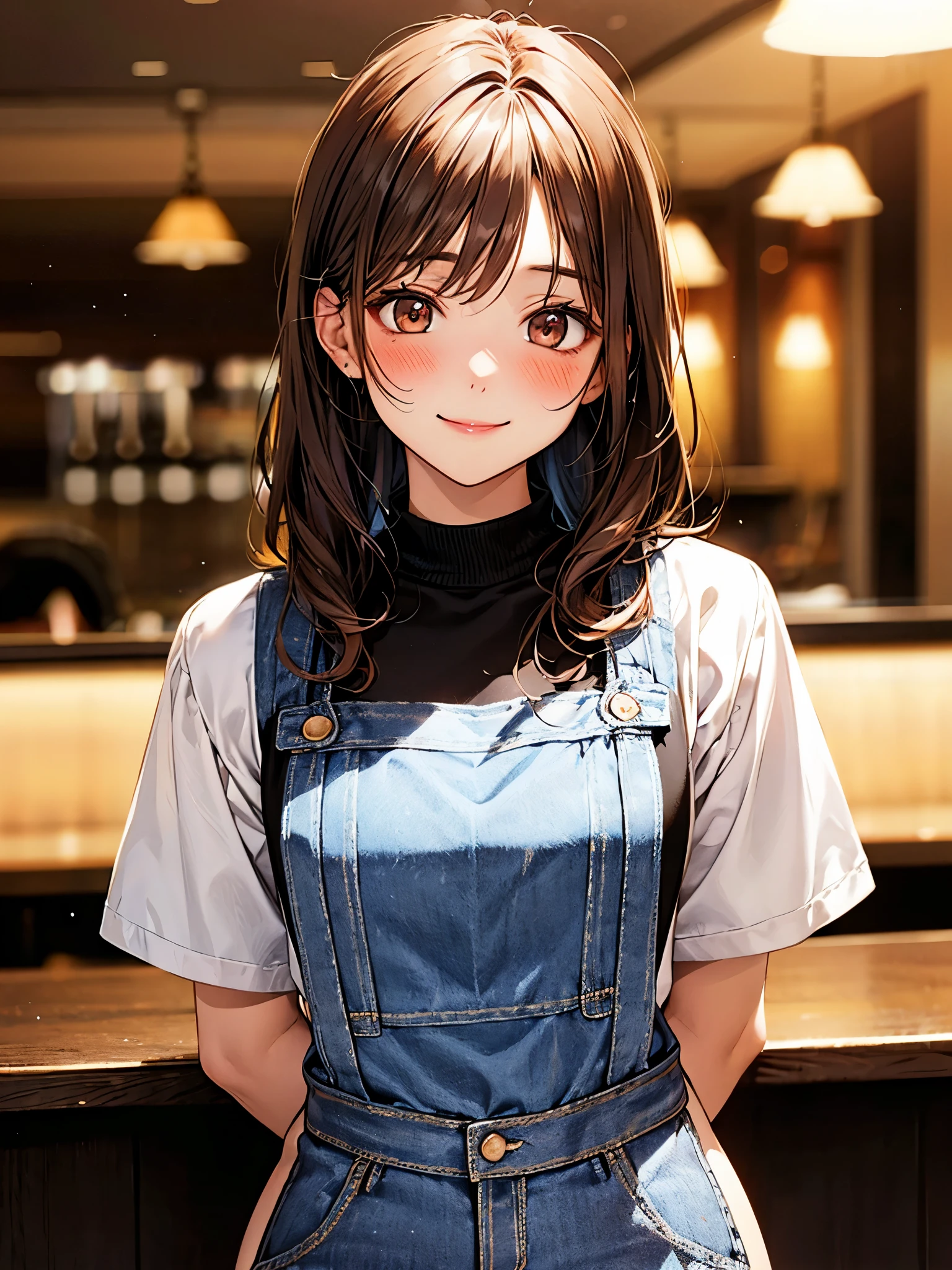 woman portrait ,20 years,Upper body,Jeans、apron、Shiro color shirt、Tshirt、sweater clothes,restaurant,cinematic lighting,brown eyes、smile、blush、beautiful tidy hair、straight、apron、apron、brown crab