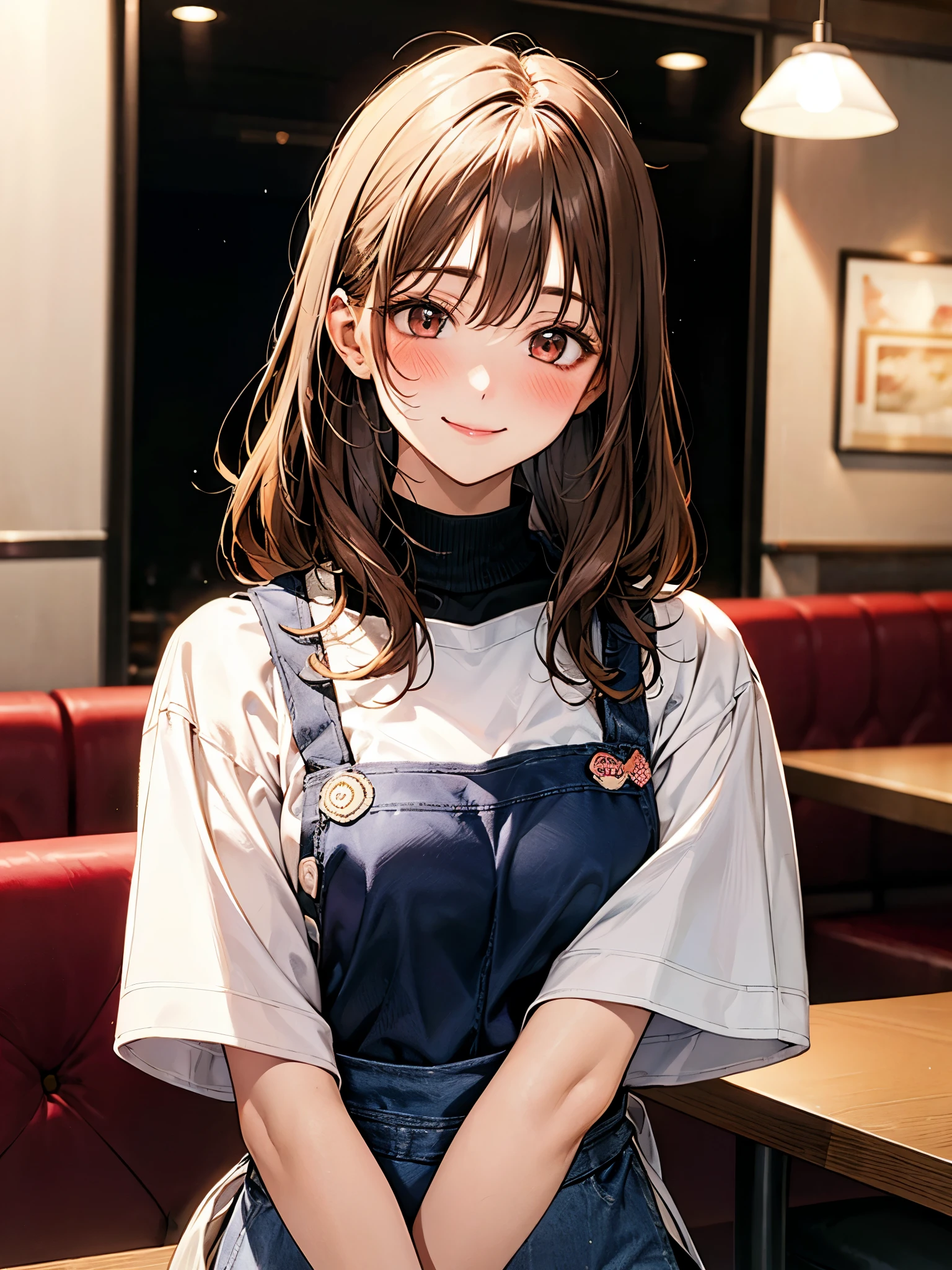 woman portrait ,20 years,Upper body,Jeans、apron、Shiro color shirt、Tshirt、sweater clothes,restaurant,cinematic lighting,brown eyes、smile、blush、beautiful tidy hair、straight、apron、apron、brown crab