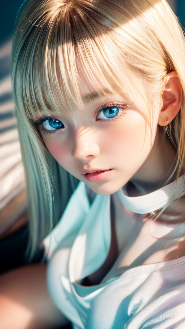 Beautiful innocent 20 year old blonde girl、Beautiful shining platinum blonde hair、bangs fall on face、((Wearing an open white T-shirt,Dramatic Pose)),sexy look,Super long straight blonde silky hair,Bed Background,Beach Background、RAW Photos, (8k、highest quality、masterpiece:1.2)、(Intricate details:1.4)、(Realistic:1.4)、Octane Rendering、Ultra-detailed with exquisite 3D rendering, Studio Soft Light, Rim Light, Crisp details, Super Detail, Realistic skin texture, Cheek gloss、Detailed aspect, Very beautiful bright pale blue eyes, Very big eyes、Highly detailed CG Unity 16k wallpaper, Perfect beauty、Round face、compensate, (Detailed Background:1.2), Shiny skin, whole body、From head to thighs、Cleavage,((sleep with your head up、Angle of view from above))
