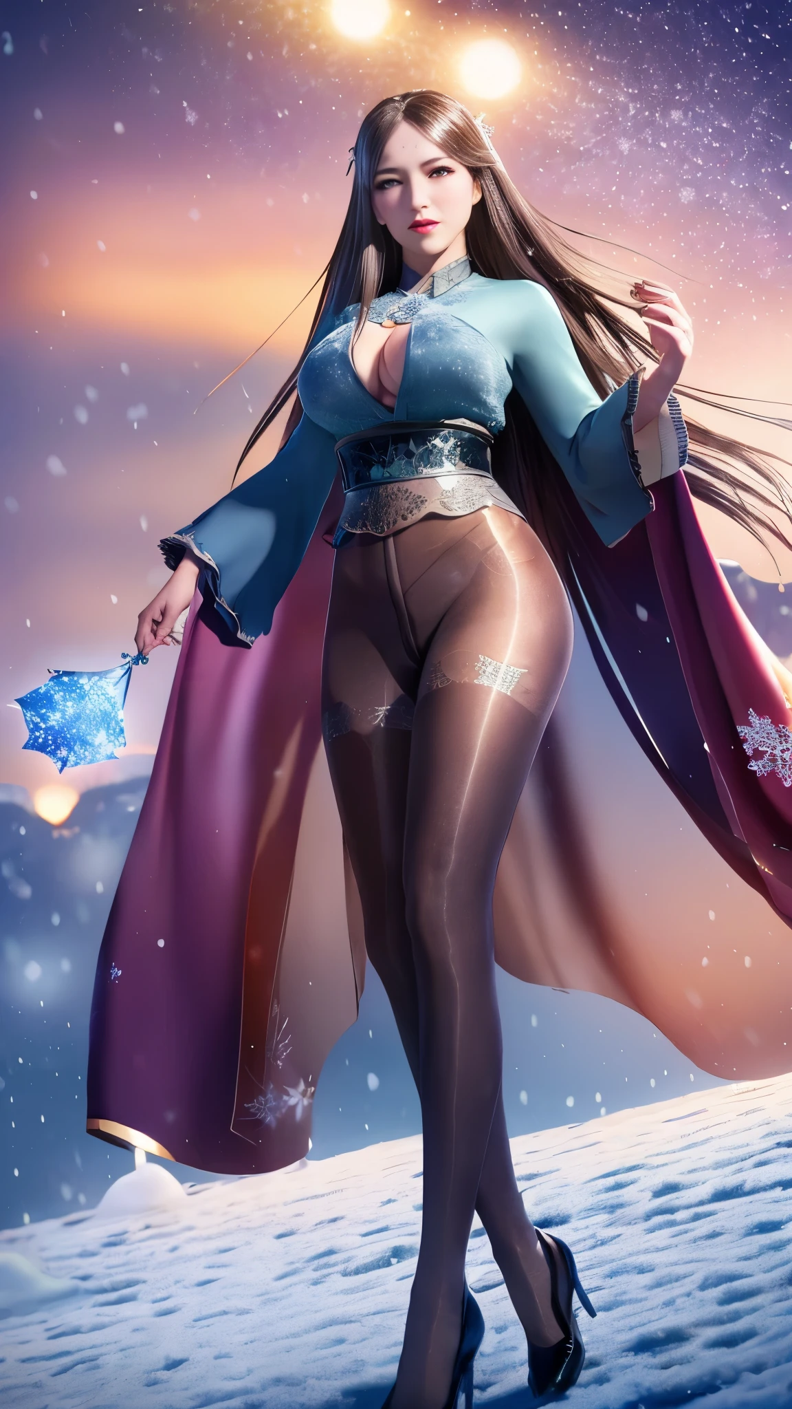 Ultra-realistic 8k CG, Flawless, Clean, masterpiece, Professional artwork, Famous Artworks, Cinema Lighting, Bloom, Perfect face, Pretty Face, fantasy, Like a dream, illusory, Science fiction, Lace, Lace trim, Lace-trimmed legwear, luxury, jewelry, diamond, Kaneko, pearl, gem, 蓝gem, 红gem, emerald, Intricate details, Beautiful Pattern, charming, Tempting, Tempting, , enchanting, Hair accessories, neckLace, earrings, bracelet, armband,Halo,autumn, ((,1 girl, leave,best quality, )) , ((((1 girl, Solitary,outdoor, Large Breasts,,snowflakes, snow, snowing, Plum Botham, )))),Long legs,Deep cleavage,High heel,Pantyhose,