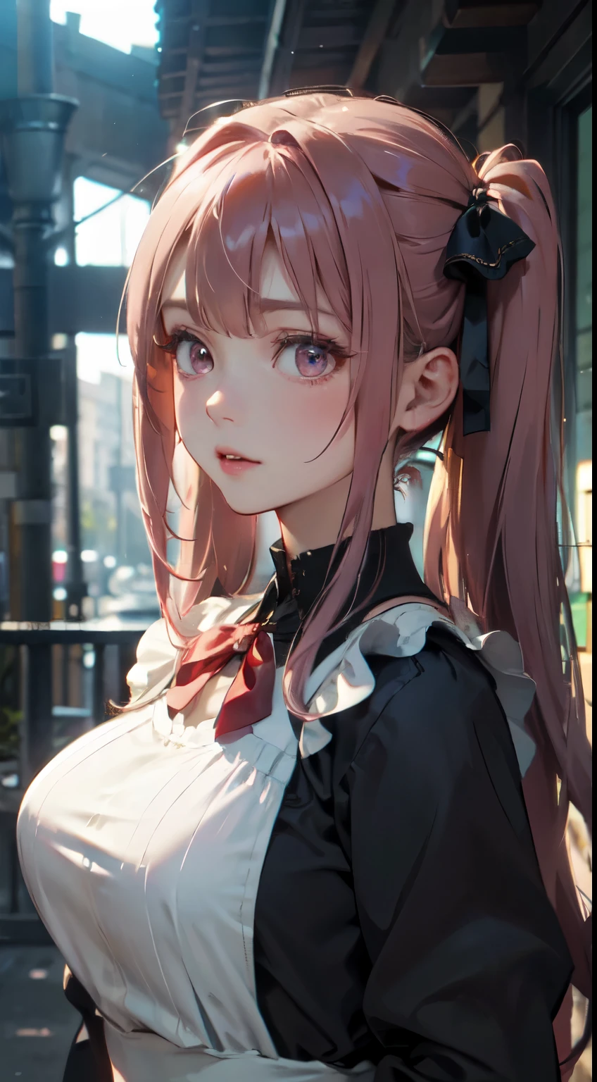 Old body portrait of a beautiful girl、Delicate、detaileds、masterpiece、Real Stick、3D background、Backgrounds with depth、Realistically exaggerate changes in material texture、Exaggeration of gloss、The best transcendental virtuosity、twin tails、pink hair color、Maid clothes