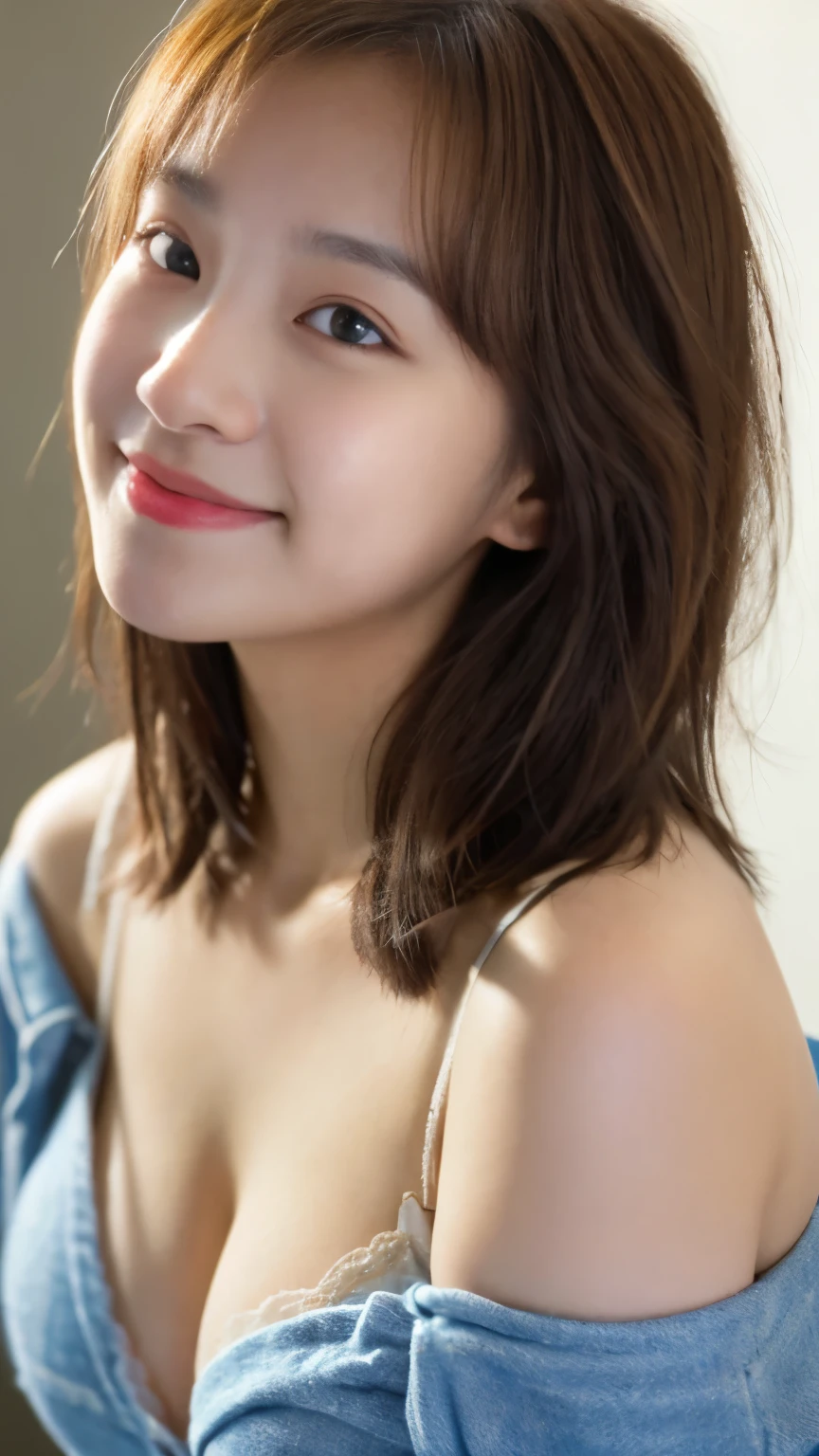 incredibly absurd, beautiful and cute 20-year-old Korean girl with a photorealistic face, showcasing top-quality craftsmanship. Her slender frame adorned with short, messy hair. The artwork high-resolution, allowing for ultra-detailed features to be captured flawlessly. The focus lies on the realistic pupils, showcasing depth and emotion. ((breasts out)) cute smile.