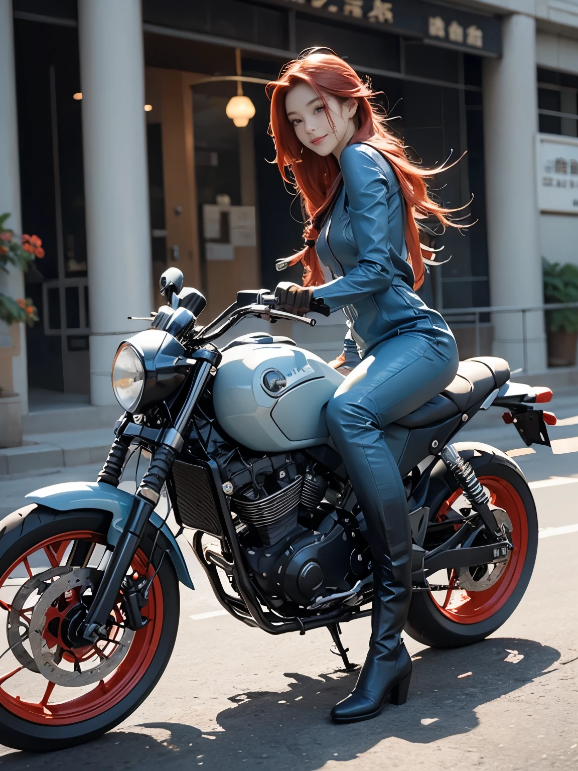 ((highest quality)), ((masterpiece)), ((Perfect Face))、((motorcycle details))、Detailed and clear photos、((Riding a motorcycle))、Slim body、Long limbs、(full body shot)、smile、((Blue leather jumpsuit and long boots))、((Braided red hair))、(Back view)