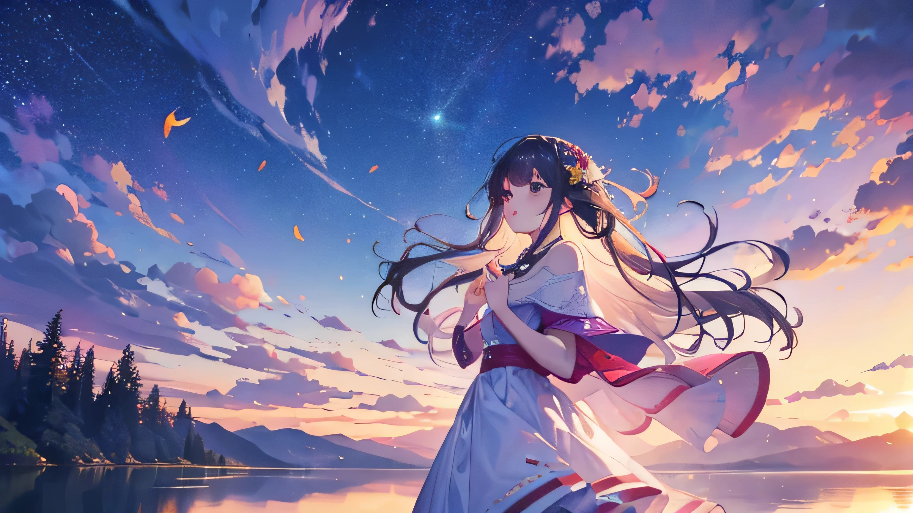 official art, Integrated 8K wallpaper, very detailed, masterpiece, Best image quality,ultra wide angle,dinner,female,Standing in the pond,water is like a mirror,reflect the sky。look up at the sky,(colorful sunset),dynamic angle, elegance, bright colors,subtle reflections of sleep,Sparkling ripples,soft golden color,the wind caresses her hair.,flying leaves,Soft pink and purple shades of the sky,Dreamy and fantastic atmosphere,Lens flare adds a magical feel