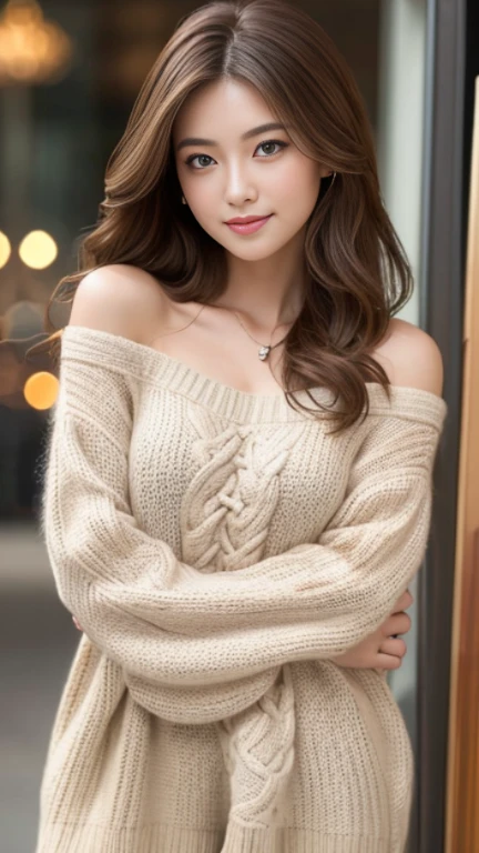 highest quality，masterpiece，超A high resolution，RAW Photos，One Girl，Loose permed hair、length、brown hair、Arms crossed、Japanese、Loose permed hair、length、brown hair、smile、Arms crossed、Professional photography、Same skin type as humans、A woman who dresses Japan from head to toe、Blur the background、Drawing faithful to anatomy、Very detailed and beautiful、Ultra HD、length、Her hair is swinging and sexy、Very detailed beautiful girl、Shoulder-length hair、sweater、shopping、window shopping