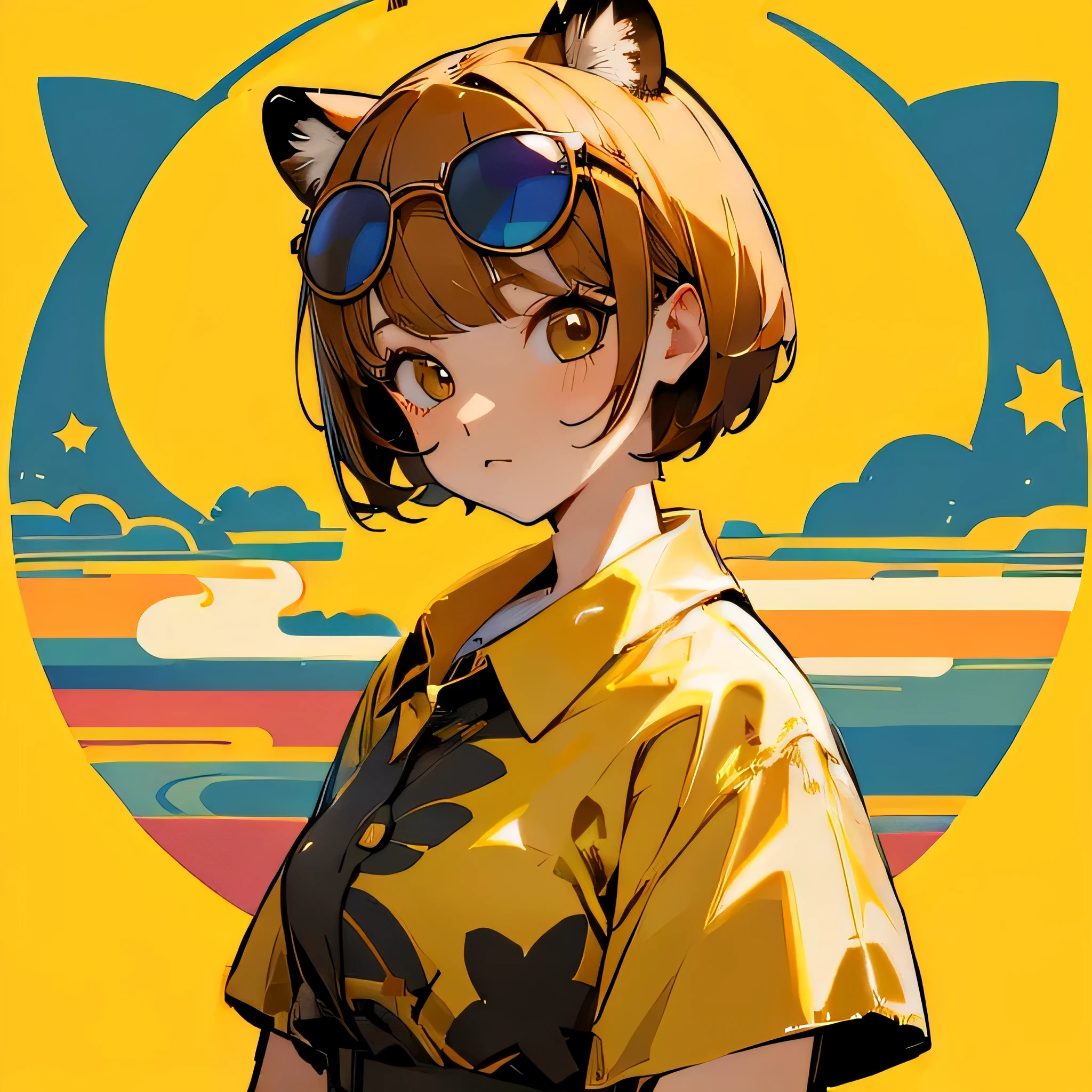 girl、cute、face、short hair、Sunglasses with round lenses、Black Aloha Shirt