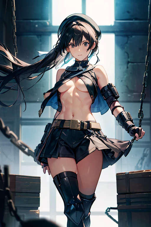ubel,dark green hair,long hair,side ponytail,hair between eyes,bangs, BREAK (beret, black jacket, open clothes, cleavage, midriff, black shorts, black thighhighs, thigh strap, fingerless gloves, single glove:1.2), Photo,sharpness, F1.6 lens,hyper-realistic textures,spectacular light textures, Cinestil 800 Fashion Mechanics,(((Beautiful woman with left leg restrained and hung by chains))),Appearance,Beautiful girl with accentuated slender abs: 1.1,six-pack abs: 1.1, Bust Botox,Standing on tiptoe, long legs,Long brown hair fluttering in the wind,Brown hair, Long hair, Female Warrior Costume,(No panties,No bra),(tacticul battle fashion,elbow and knee tacticul battle fashion, battle glove: 1.1),((cute batre costume)),The belly comes out and the navel is visible,Thin sheer costume, combat gloves,shredded costumes,cyber long combat boots with golden knee pads,Anatomical,(futuristic sci-fi battle fashion, new elbow and knee cyberpads, new cyberlong boots, new cybergloves: 1.1),(tied perfectly by iron chain), Restraint, Slave, collars, contempt, (Chained), 4 chains hung from heaven, Metallic shackles and fetters, wet crotch clearly visible,((Hands are restrained above the head)), the neck is chained,Chain from left knee to heaven,Chained by rusty iron chains,((the tip is protruding, areolas protruding,The shape of the pubic harearea is clearly visible:1.2)),Sweating,Wet,Wet crotch,Wet thighs,Junkyard, Realistic, (cute, perfect clothes, skimpy clothes, cute: 1.3) ,Vast miritary base in us,((wide mirtary hospital with summer sunlight)), peeling ceilings, Rebar between, Realistic material details, Extreme details, Ultra-realistic materials,narrow waist,(with sparkling eyes and a contagious smile:0.9),looking at viewer,