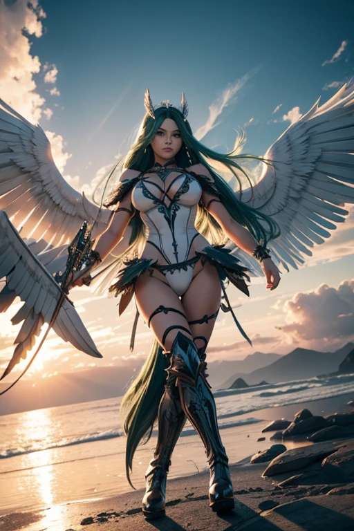 A very long dark green hair in a pompous pony tail harpie queen, harpie caucasian Warrior lady in a one piece blue bikini,(((On the arms there is a pair of large white color wings))),((Wearing an intricated elaborated black metal bikini armor and long boots)),high detail,(beautiful face),long green hair, eagle feet, sky and clouds background, macro,Realistic,hdr(HighDynamicRange, Ray traching, NVIDIA RTX, Hyper-Resolution, illusory 5, sub surface scattering, post-process, Anisotropy Filtering, depth of field maximum definition and sharpness, Surface coloring, Accurately simulate light-material interactions, perfectly proportions, rendering by octane, large aperture, Low ISO, White balance, the rule of thirds、8K raw data, lightand shade contrast