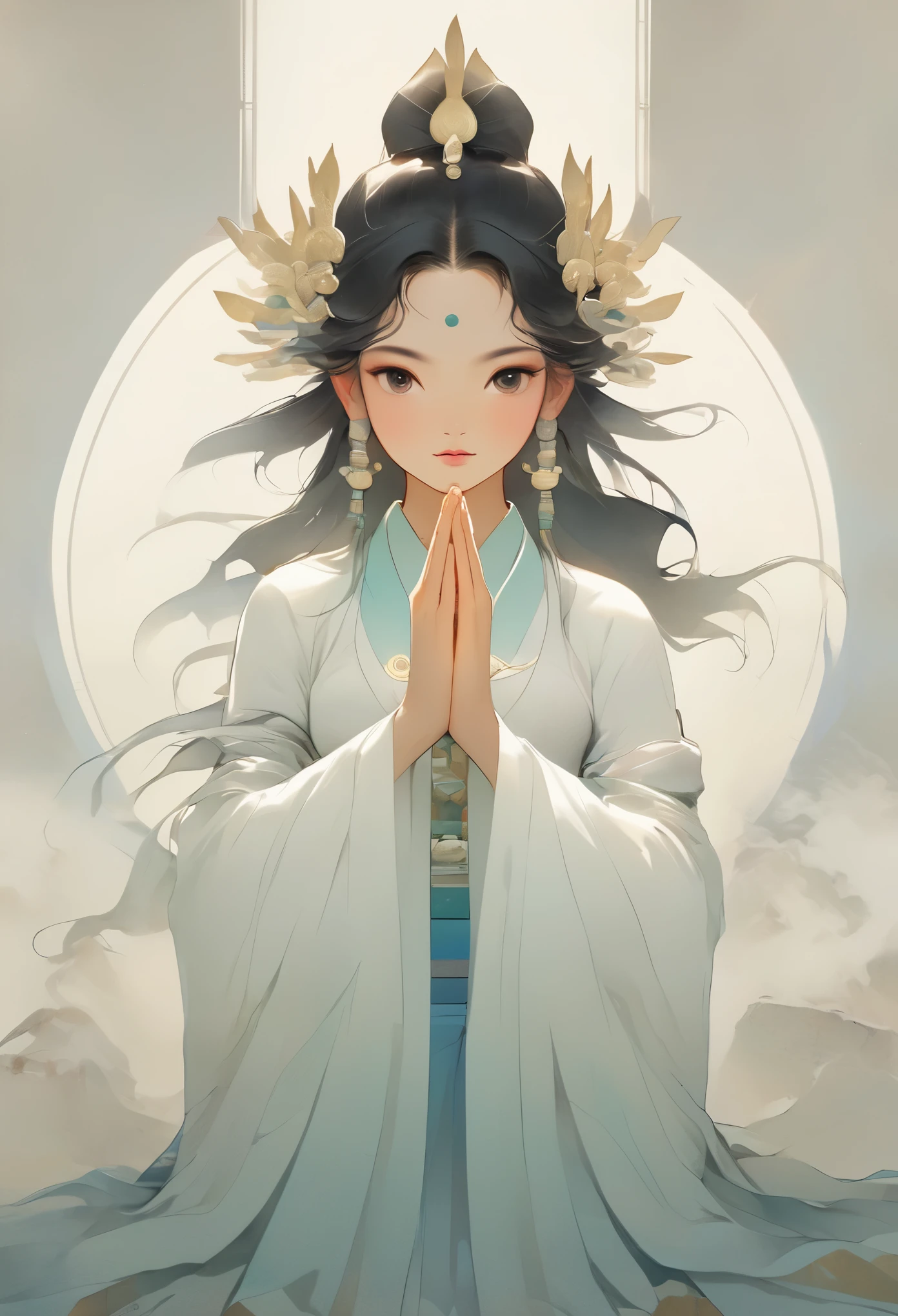 Beauty，Black hair，Black eyes，Gauze skirt，front，，symmetry，Hands together，Bodhisattva shape，Clean background，masterpiece,