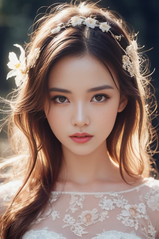 (Detailed lips), (Realistically:1.37), (Vivid colors), (Studio Lighting), (Sharpen the focus), (High Dynamic Range), (Bokeh), (in contrast), (KHD:1.2), (elegant hairstyle), (Elegance), (like々Shii), (Luxurious and sophisticated accessories), (Sparkling eyes), (Shine), (Calm), (Shine), (dream-like), (dynamic), (素晴らShiiもの), (Sensitive), (dramatic), (Complex), (eternal), (とても美Shii服,Delicate floral lace embroidery), (Mysterious), (Ethereal), (Mysterious), (Perfect perfection), (interesting), (Individuality), (masterpiece), (High resolution), (The best quality at its best, 4K, 8k), alone, 18 year old girl.