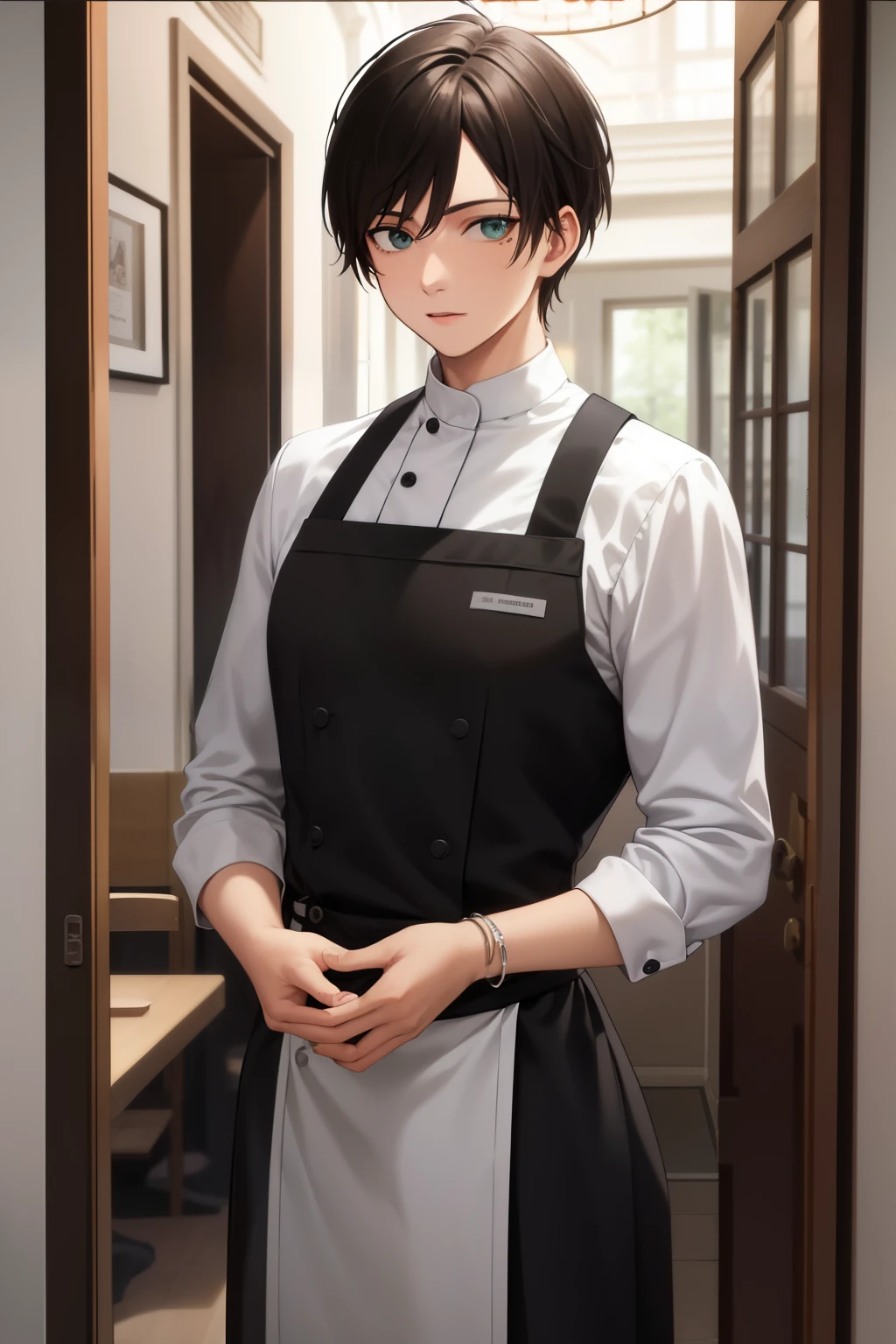 chef-d'artwork, best quality, high quality, 1boy, Seulement, foyer masculin, regarder le spectateur, haut du corps, were_Yeager, cheveux blancs, yeux verts, veste