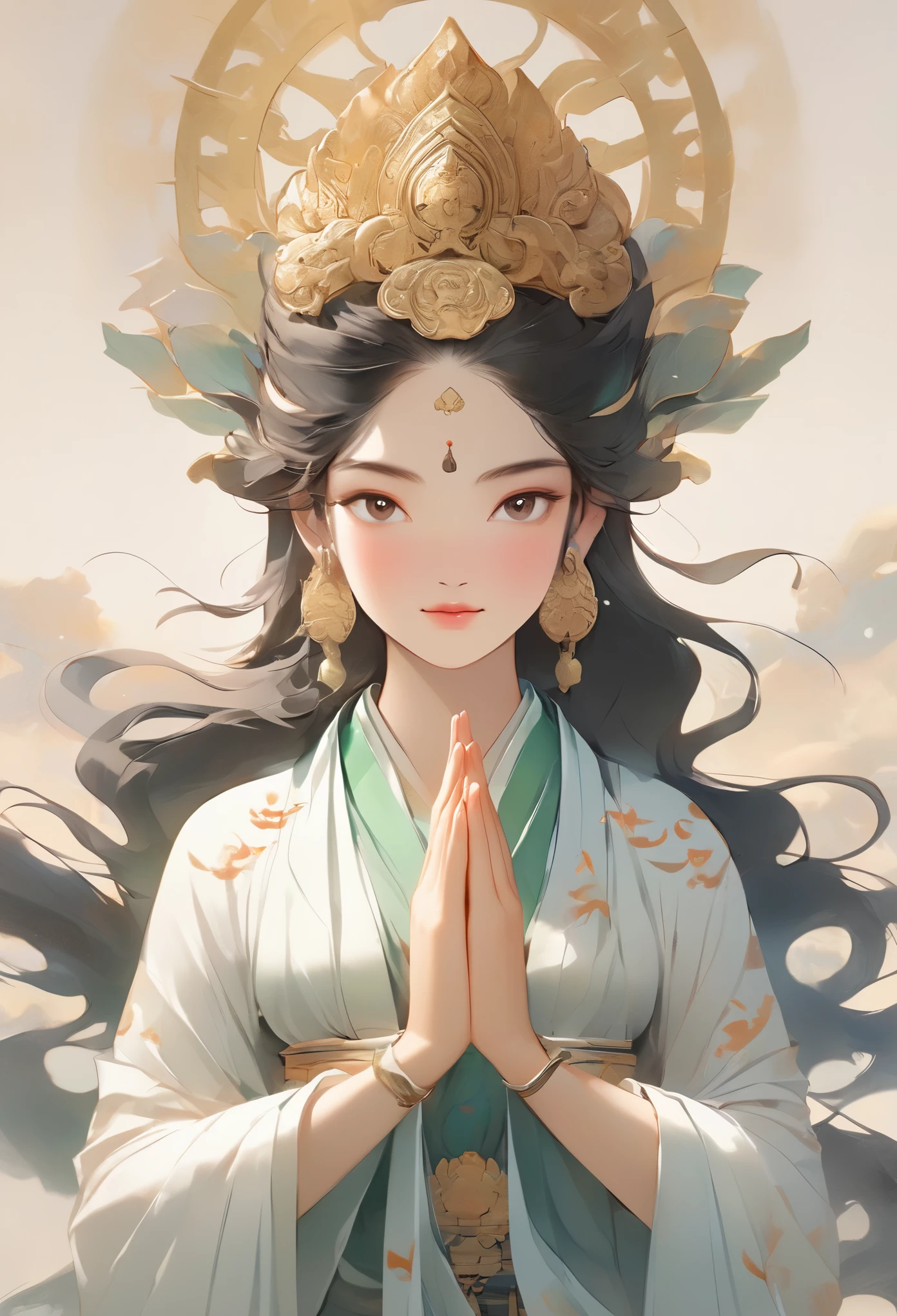 Beauty,Black hair,Black eyes,Gauze skirt,front,,symmetry,Hands together,Bodhisattva shape,Clean background,masterpiece,