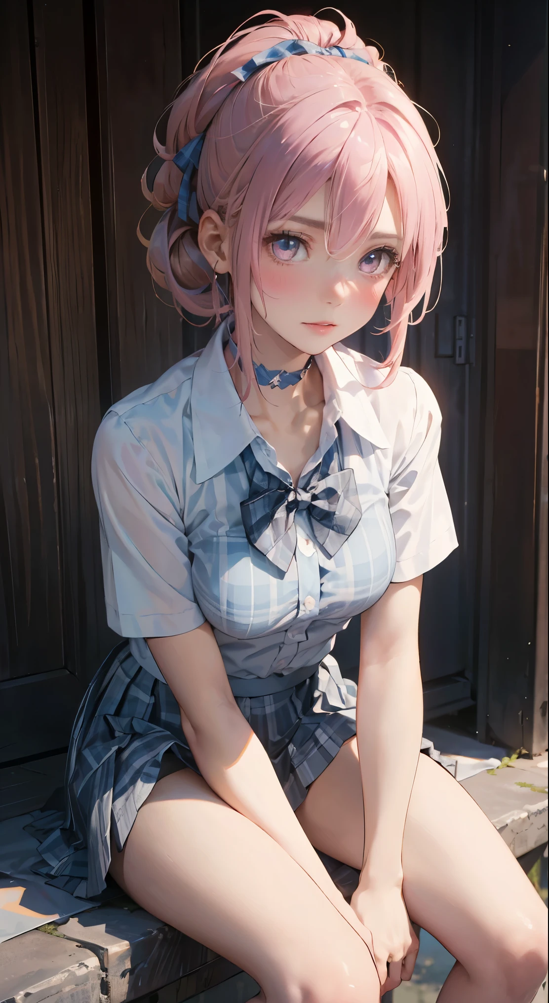(masterpiece:1.2, highest quality), (realistic, photorealistic:1.4), beautiful illustrations,
looking at the viewer, whole body, Front view:0.6,
1 girl, Japanese, high School girl, ((pompadour:1.7, pink hair:1.3)), blown hair, bangs, hair between eyes, medium breasts:1.8,
beautiful hair, beautiful and detailed eyes, beautiful clavicle, beautiful breasts, beautiful thighs, beautiful feet, beautiful fingers,
(beautiful scenery), , School,
((collared short sleeve shirt, white shirt, , Grey plaid pleated skirt, blue plaid bow tie, choker)), white panties,
(Are standing, grab the hem of the skirt, put your hand on your chest, hand between legs, leaning forward),
blush