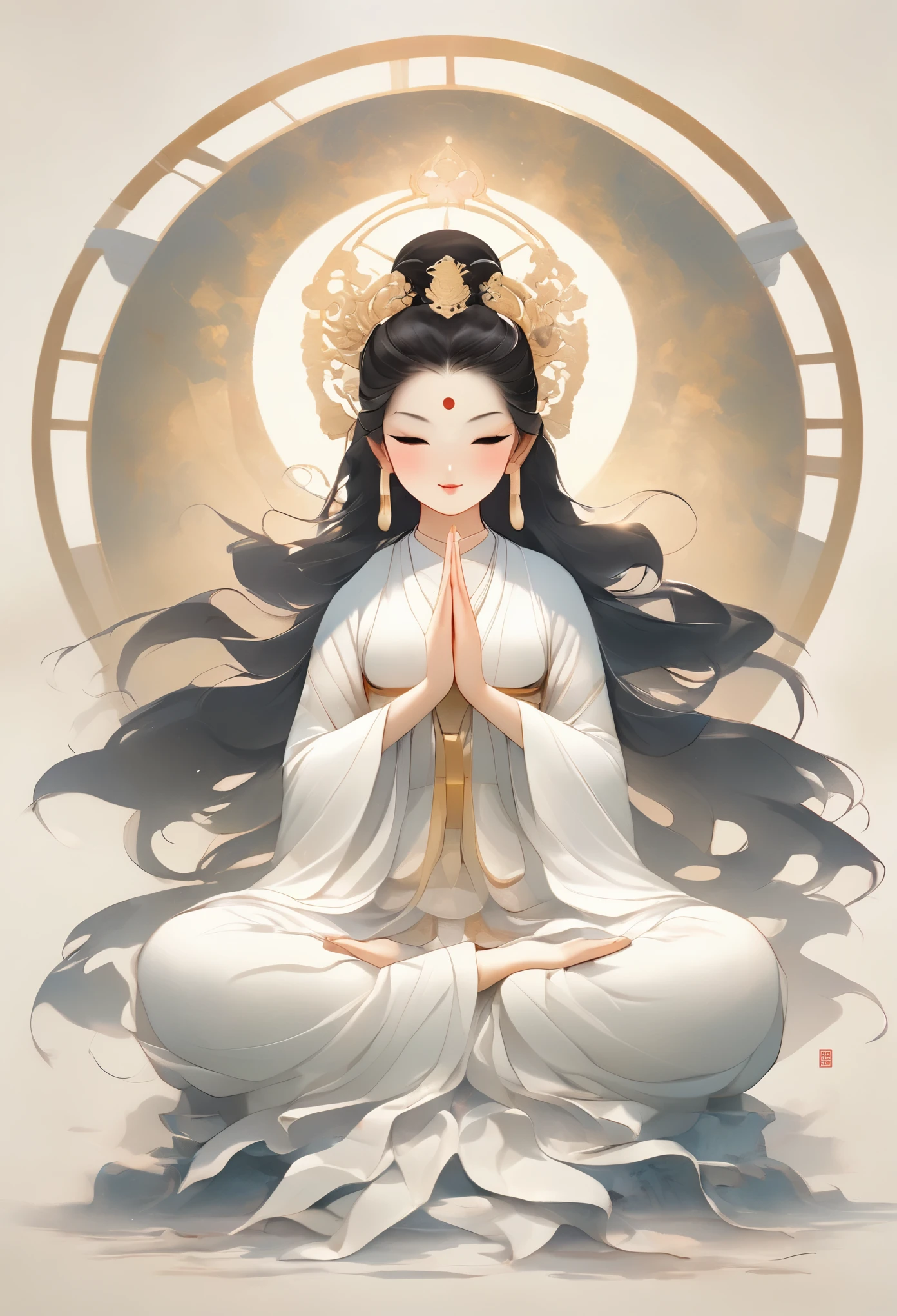 Beauty，Black hair，Black eyes，Gauze skirt，front，，symmetry，Hands together，Bodhisattva shape，Clean background，masterpiece,