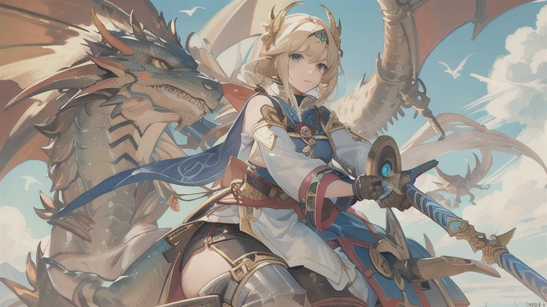 Man riding a dragon, Final Fantasy Tactics characters, age girl Ride the Dragon, Mechanized Valkyrie Girl, From Xenoblade Chronicles, Ride the Dragon, dragon rider, final fantasy 1 2 style,Thin golden dragon,Cape,Open chest、Bare thighs,pterosaur,Healing,blue sky,Long-sleeved kimono,Big Breasts