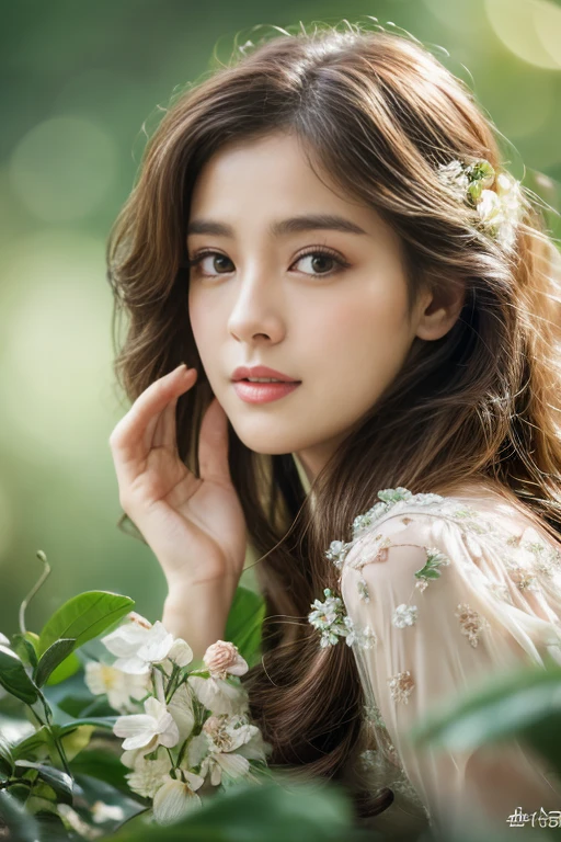 (highest quality,8k,CG),Upper body details,Lonely Girl,Floral forest background,Complex facial features,Elegant long curly hair,large almond-shaped eyes,,Detailed eye makeup,Long eyelashes,Twinkling Star,Exquisite lip detail,Soft and harmonious style.