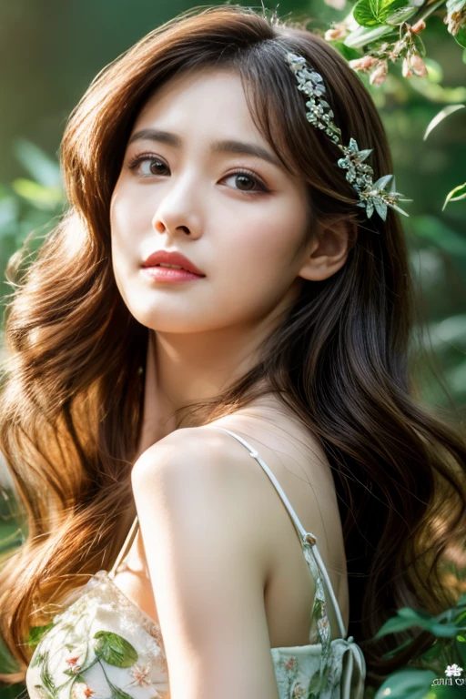 (highest quality,8k,CG),Upper body details,Lonely Girl,Floral forest background,Complex facial features,Elegant long curly hair,large almond-shaped eyes,,Detailed eye makeup,Long eyelashes,Twinkling Star,Exquisite lip detail,Soft and harmonious style.