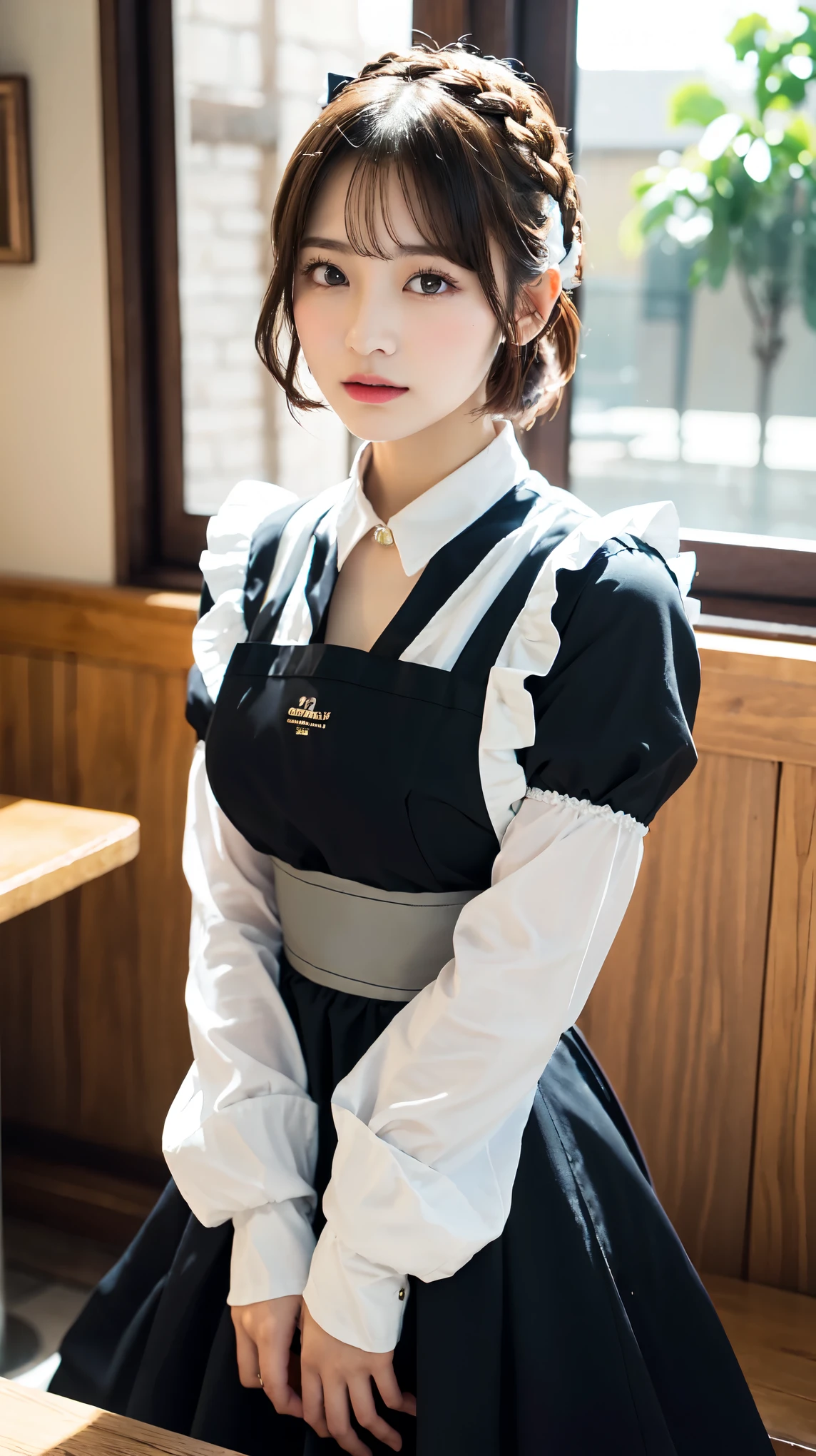 One Girl, apron, Black dress, blush, Braiding, dress, Eyebrows visible through hair, Frills, gloves, Hair between the eyes, jewelry, Juliet Sleeve, Long sleeve, Maid, Maid apron, Maidの頭飾り, Puffy sleeves, short hair, Sitting, White apron, window, Huge 、Nogizaka Idol、Korean Idol、Gravure idol pose、actress、Age 25、expensive、Cafe、restaurant, Official Art,Highly detailed CG Unity 8k wallpaper, (masterpiece:1.0),(highest quality:1.0), photo shoot, 8k, Browsing Caution, High resolution, Kodak Portrait 400, Film Grain, Lens flare brilliance,Show Viewer