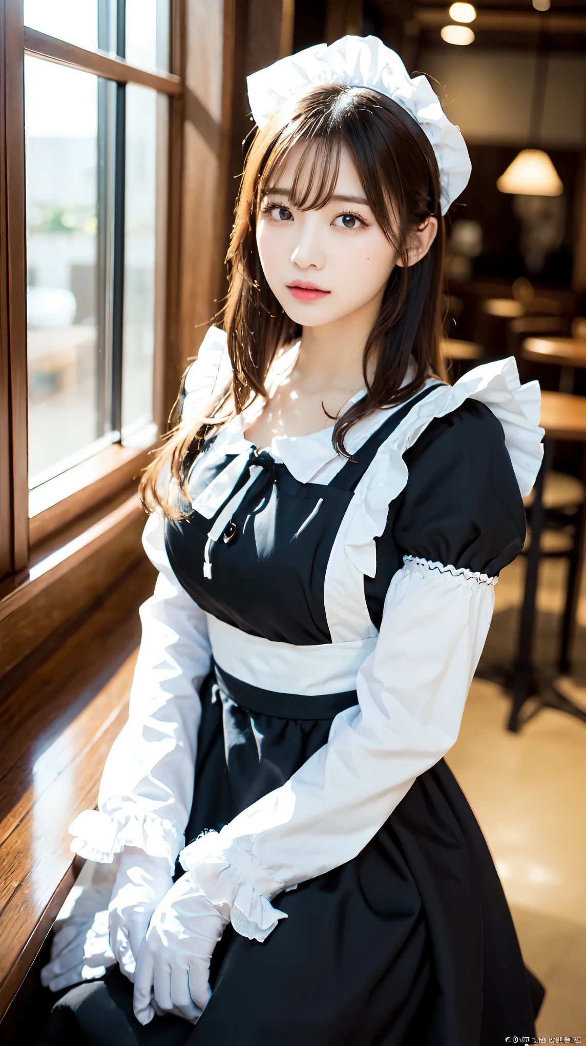 One Girl, apron, Black dress, blush, Braiding, dress, Eyebrows visible through hair, Frills, gloves, Hair between the eyes, jewelry, Juliet Sleeve, Long sleeve, Maid, Maid apron, Maidの頭飾り, Puffy sleeves, short hair, Sitting, White apron, window, Huge 、Nogizaka Idol、Korean Idol、Gravure idol pose、actress、Age 25、expensive、Cafe、restaurant, Official Art,Highly detailed CG Unity 8k wallpaper, (masterpiece:1.0),(highest quality:1.0), photo shoot, 8k, Browsing Caution, High resolution, Kodak Portrait 400, Film Grain, Lens flare brilliance,Show Viewer