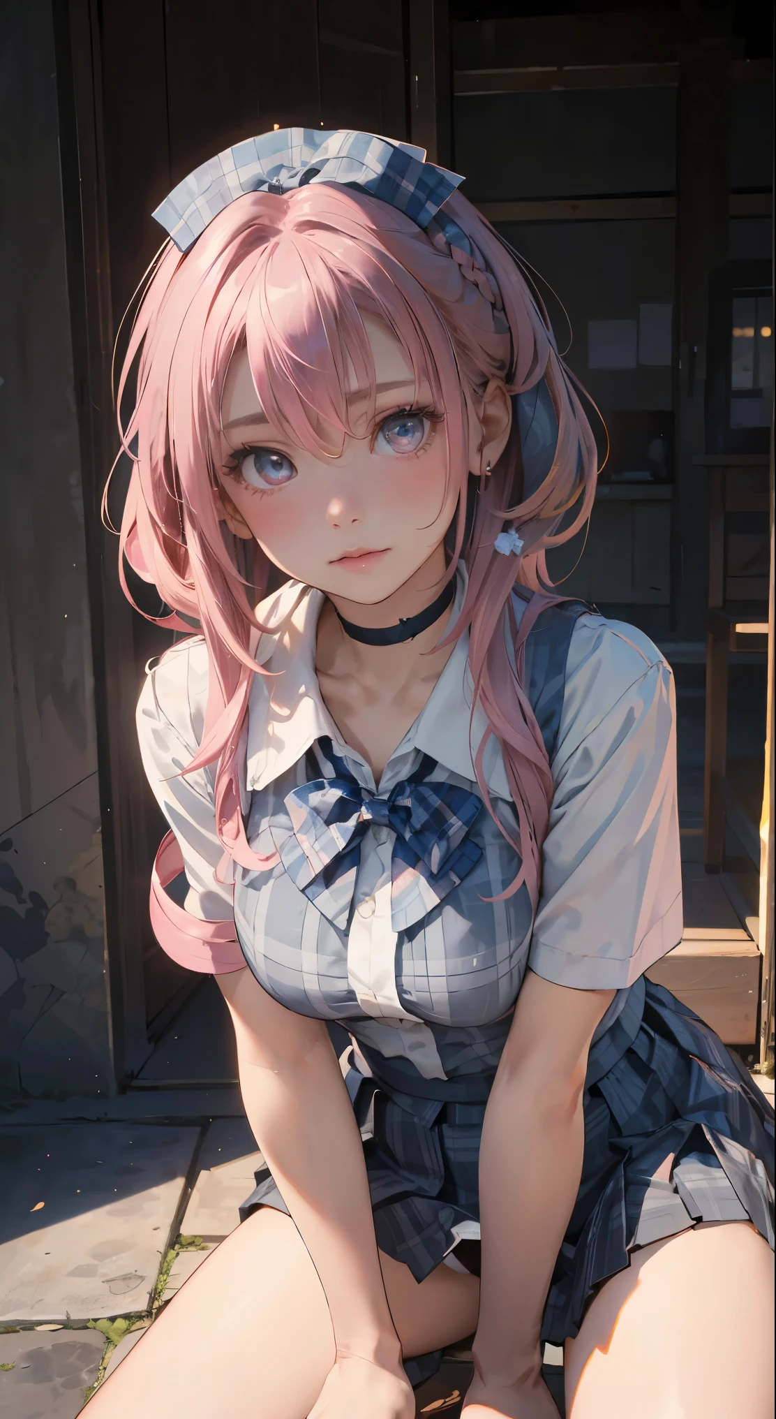(masterpiece:1.2, highest quality), (realistic, photorealistic:1.4), beautiful illustrations,
looking at the viewer, whole body, Front view:0.6,
1 girl, Japanese, high School girl, ((pompadour:1.7, pink hair:1.3)), blown hair, bangs, hair between eyes, medium breasts:1.8,
beautiful hair, beautiful and detailed eyes, beautiful clavicle, beautiful breasts, beautiful thighs, beautiful feet, beautiful fingers,
(beautiful scenery), , School,
((collared short sleeve shirt, white shirt, , Grey plaid pleated skirt, blue plaid bow tie, choker)), white panties,
(Are standing, grab the hem of the skirt, put your hand on your chest, hand between legs, leaning forward),
blush,nurse uniform