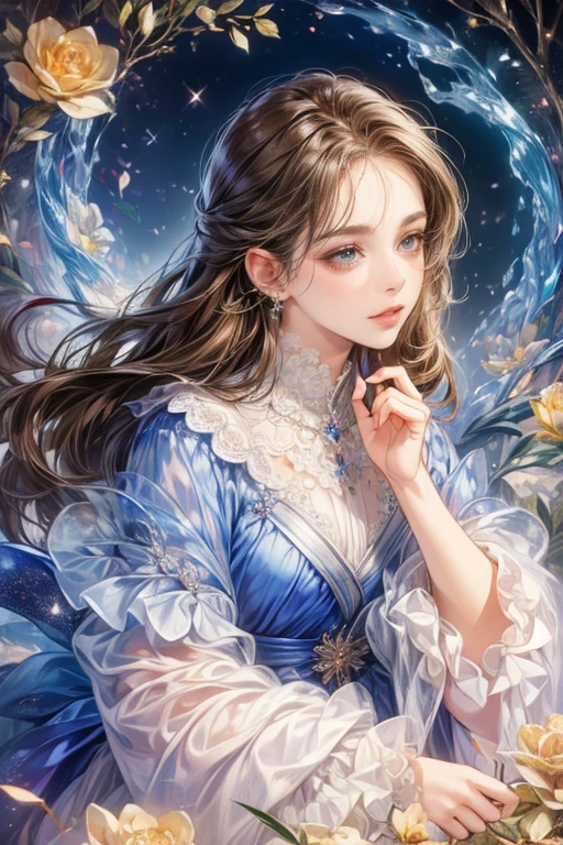 (highest quality:1.4), (masterpiece:1.4), Ultra-high resolution, 8k, CG, Exquisite, Upper Body, Lonely, Thumb Girl, Little Princess, Blue taffeta coat dress, Forest Background, Detailed facial features, brown hair, Almond-shaped eyes, Detailed eye makeup, Long eyelashes, Amber eyes with a starry gaze, Delicate lip detail, Soft and harmonious style