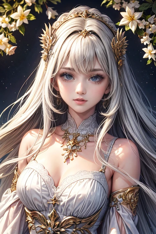 (highest quality,8k,CG),Upper body details,Lonely Girl,Floral forest background,Complex facial features,Elegant long curly hair,large almond-shaped eyes,,Detailed eye makeup,Long eyelashes,Twinkling Star,Exquisite lip detail,Soft and harmonious style.