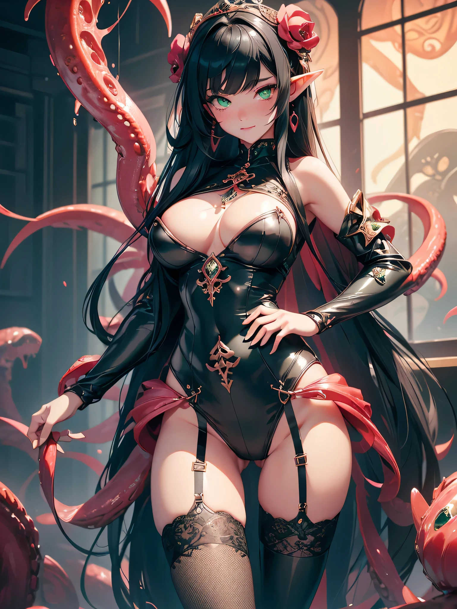 nsfw:1.1, high resolution:1.7, incredibly absurdres, kawaii:1, cute:1.5, hires.fix, anime visual:1, incredibly fine illustration,8k,masterpiece:1.2,best quality, high quality, exquisite, beautiful, insanely detailed, intricate detailed, extremely detailed, Super Definition, ultra high res, Super Resolution, best aesthetic, ultra detailed:1.5, best quality, perfect face, detailed face, masterpiece:1.2, illustration:1.2, 8k cg wallpaper, stunning art,absurdres,octane render,ultra hires,Japanese Actress,(Idol),18yo,Beautiful,(Cute and lovely),cute girl,((anime elf with extremely cute and beautiful black hair)),long hair,hime_cut,((((black hair,colored inner hair,ear breathing)))),(((green_eyes:1.3))),intricate eyes,beautiful detailed eyes,symmetrical eyes,big eyes:1.5,enchanting bright eyes studded with gold and silver dust,(((pinky and glowing_skin,shiny body))),upward breasts,waist slender,(detailed body,(detailed face)),cute,daring,zettai ryouiki,show skin,best relationship with four fingers and one thumb,Very Fine Face and Eyes,Very Fine Hair,(Perfect Anatomy),((girl trembling with sexual climax)),Garter Belt,Bare shoulders,Check out our thru-rack chokers and midi rings with chains,Long body,sun burn,The sword、s Armor,huge tit,armor,Tight,Lace Leggings,Lace fishnet stockings,Vivid,Angle from below,The sheen,Glittering eyes,Gloss,single ponytail,Open back,Black lace pattern,Dig into the buttocks snugly,Intricate and delicate decoration,inner colored,Cleft in the crotch,Grinning face,Embarrassed face,Red cheeks,red blush,Lace Bodysuit,Being attacked by tentacles,Tentacles are growing from the body,Tentacles and assimilation,Monsterization,Blood vessels stand out