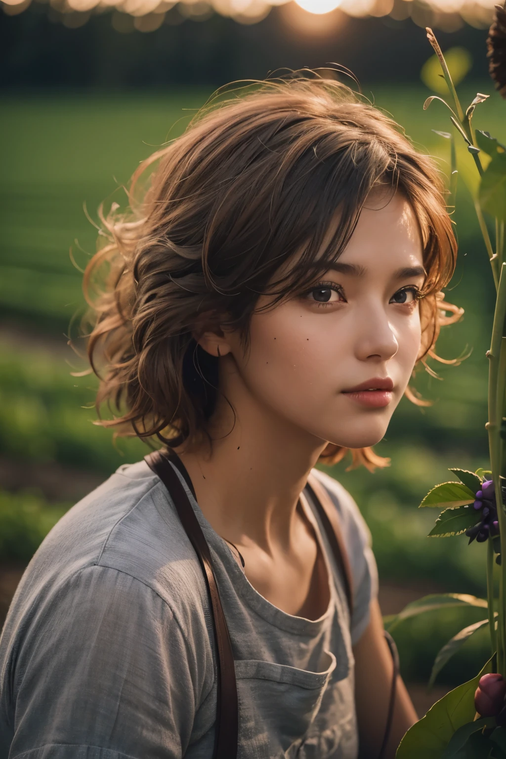 Araped woman working in carrot field, Short permed hair, farmer, Cerveza Soft Devil Queen Madison, Violet Myers, No makeup, wavy hair, without makeup, portrait of a girl, Profile picture, Use Instagram Filters, Subtle soft and dim light, sun, perfect face, julia sardinian