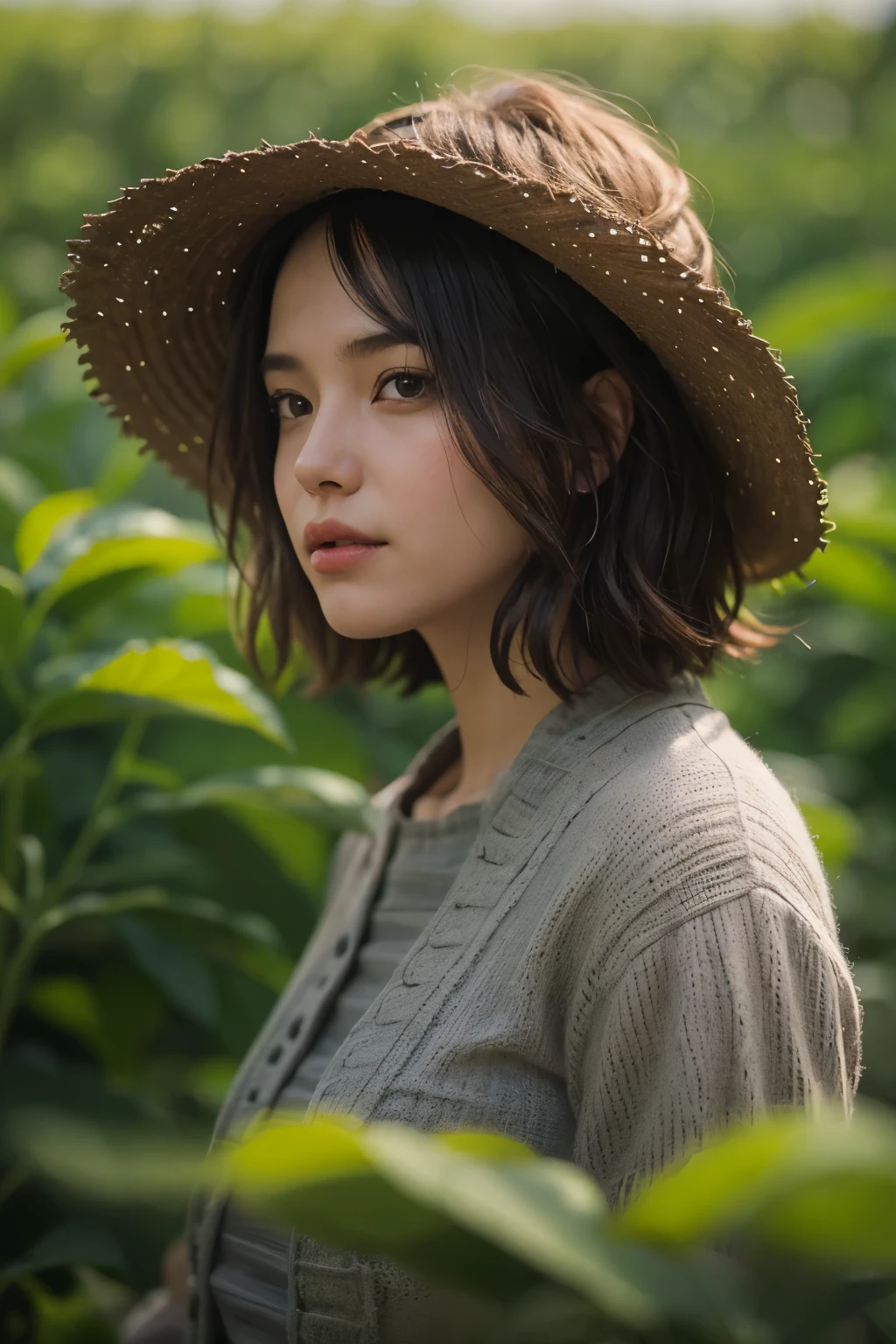 Araped woman working in green tea field, Short hair, farmer, Cerveza Soft Devil Queen Madison, Violet Myers, No makeup, wavy hair, without makeup, portrait of a girl, Profile picture, Use Instagram Filters, Subtle soft and dim light, sun, perfect face, julia sardinian