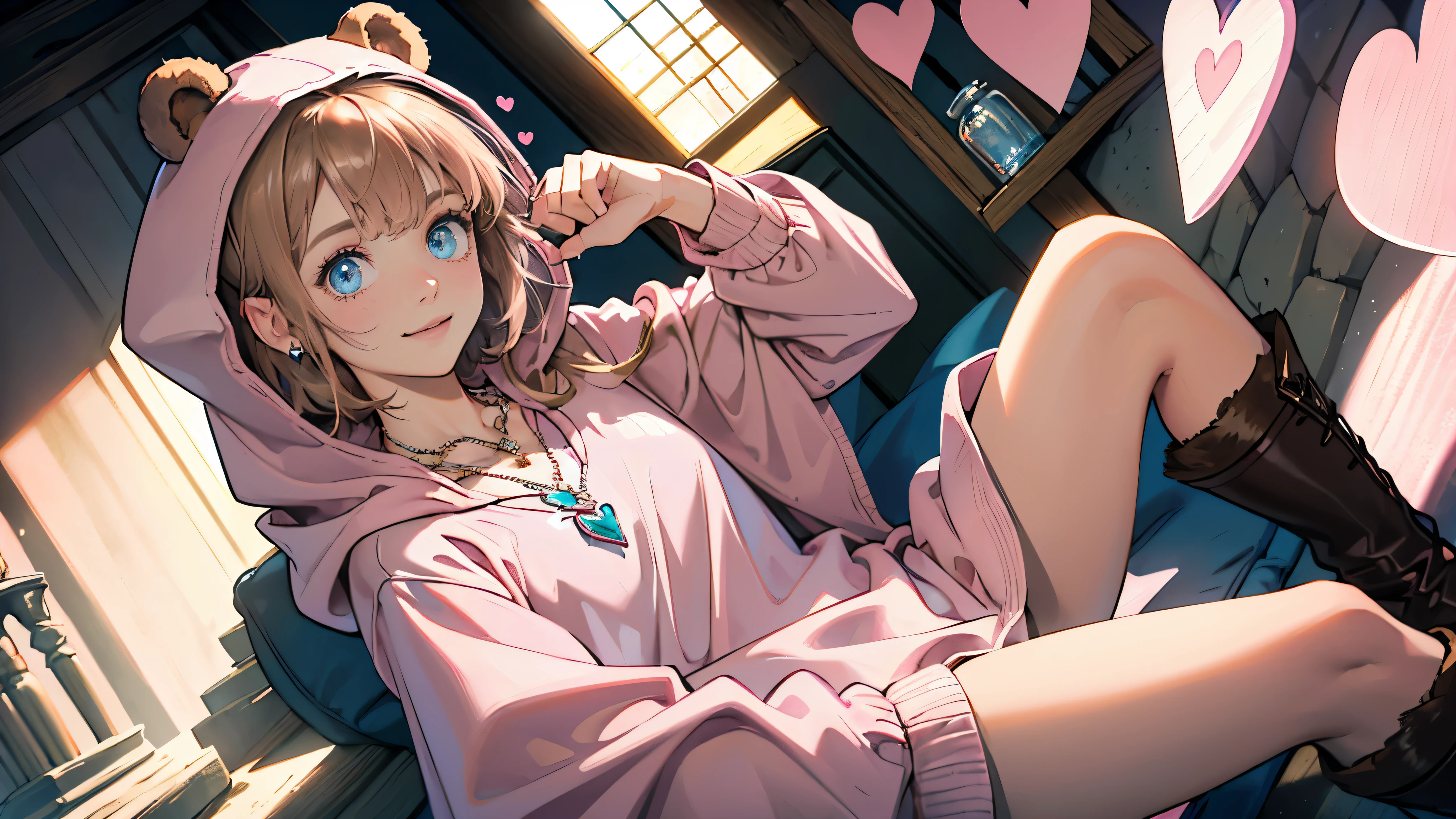 masterpiece, ultra detailed, 8K Portrait, Raw photo, a portrait photo of, Highly detailed face, beautiful and meticulous eyes, ((Fantasy)), 7 year old, litle girl, Light brown short hair, Kind face, Cute smile, adventurer, (((Little bear ear attached Hooded))) (((Pink-brown silk long-caped))) Fluttering in the wind, ((Leather boots)), (((pink Heart necklace))), one side blue earring, ((one side blue jewel bracelet)), Hold a Maple Syrup Bottle, Midday Sun, Hyper realistic, in a castle, Ambient lighting, Shadow details , strong breeze, Light fog