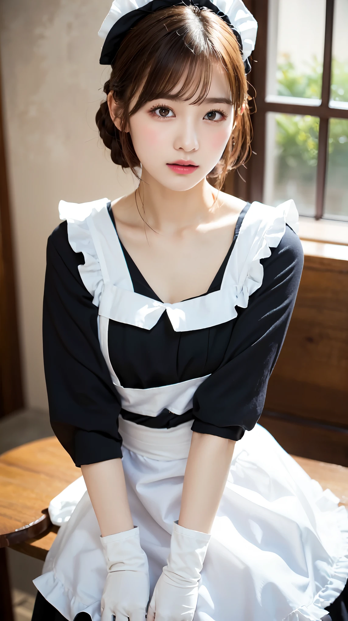 One Girl, apron, Black dress,  blush, Braiding, dress, Eyebrows visible through hair, Frills, gloves, Hair between the eyes, jewelry, Juliet Sleeve, Long sleeve, Maid, Maid apron, Maidの頭飾り, Puffy sleeves, short hair, Sitting, White apron, window, Huge 、Nogizaka Idol、Korean Idol、Gravure idol pose、actress、Age 25、expensive、Cafe、restaurant, Official Art，Highly detailed CG Unity 8k wallpaper, (masterpiece:1.0),(highest quality:1.0), photo shoot, 8k, Browsing Caution, High resolution, Kodak Portrait 400, Film Grain, Lens flare brilliance,Show Viewer