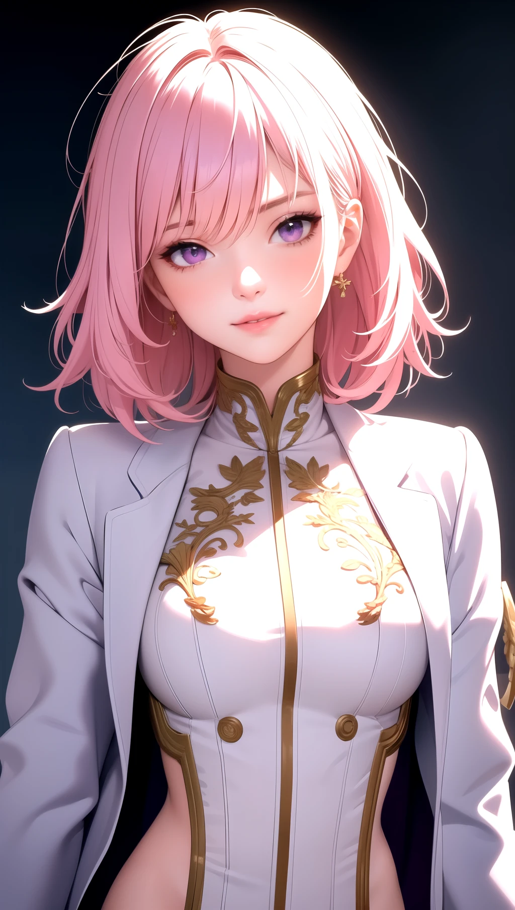 (masterpiece, best quality), intricate details, thin, ((slim)), beautiful girl, Light pink hair, white skin, light purple eyes, sharp jawline, cropped jacket, messy hair, lips, upper body, smirk