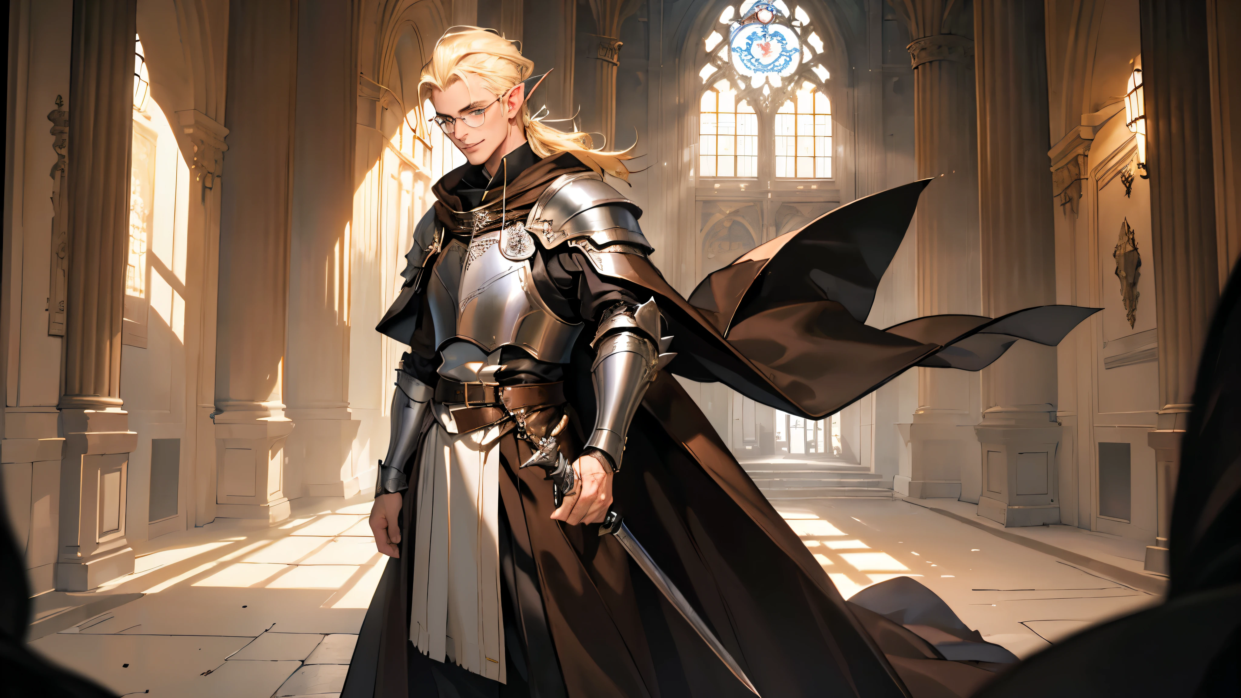 (((((male))))), masterpiece, ultra detailed, 8K Portrait, Raw photo, man's portrait photography, Highly detailed face, beautiful and meticulous eyes, ((Fantasy)), 35 years old (((man))), (((Male body))), elf, 190 cm, tall, Glasses, ((Blonde)) Ponytail (((slick back hair))), Kind face, Smile, adventurer, Hooded (((Dark brown silk long cloak))) Fluttering in the wind, (((Male White Plate Armor))), Leather boots, Holding a long magic sword, Midday Sun, Hyper realistic, Strong body, Long legs, in a castle, Ambient lighting, Shadow details , Camera focus on face, strong breeze, Light fog