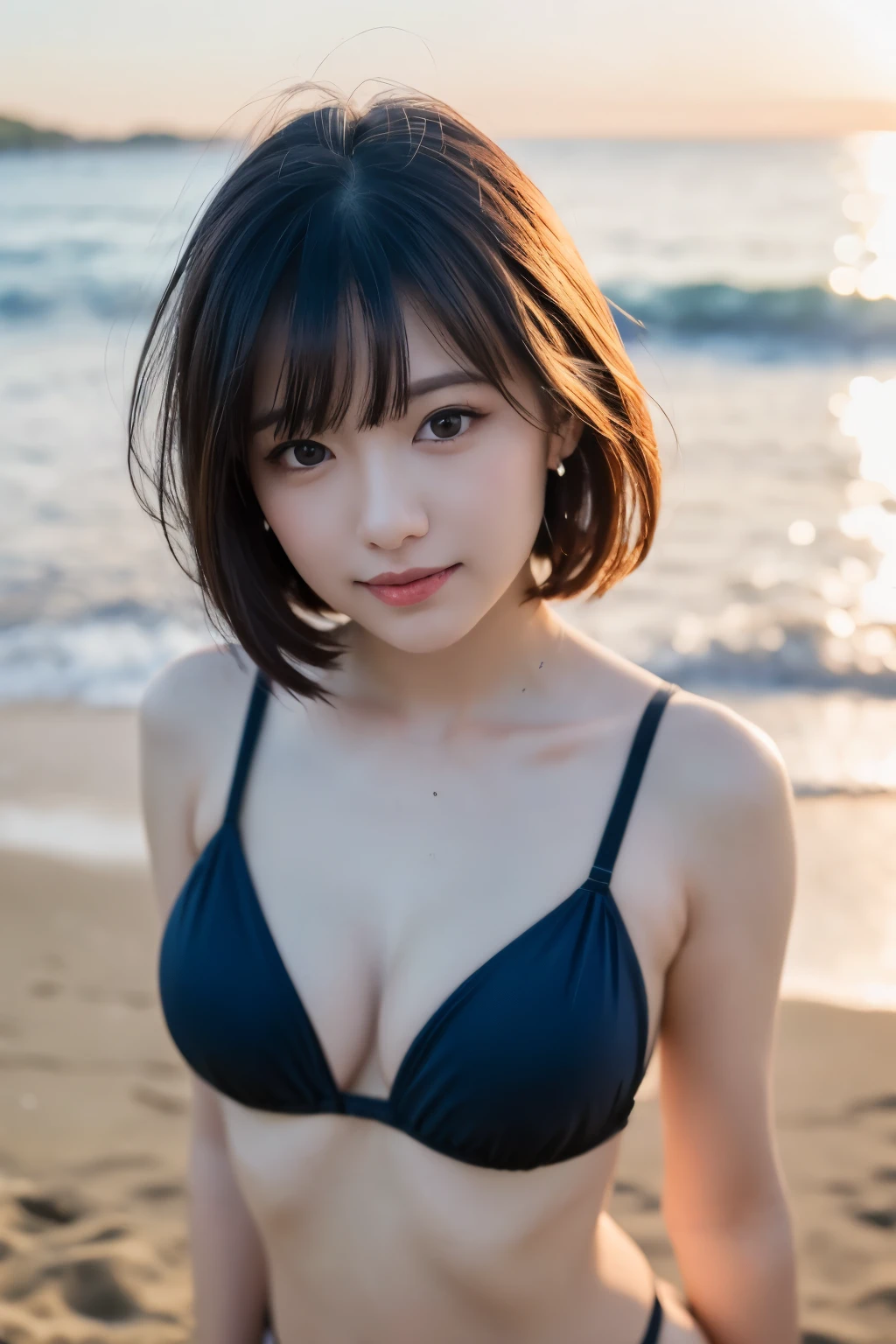 (Mastepiece, highest quality:1.4), (From above:1.2), masterpiece, highest quality, Very detailed, shape,, Hanekawa Short Hair, 1 girl, Cute face, Face close-up, whole body, , black eye, Colorful Hair, Black Hair, Gray Hair,, Swimwear,, Detailed Background, mksts style, Beach, sunset,