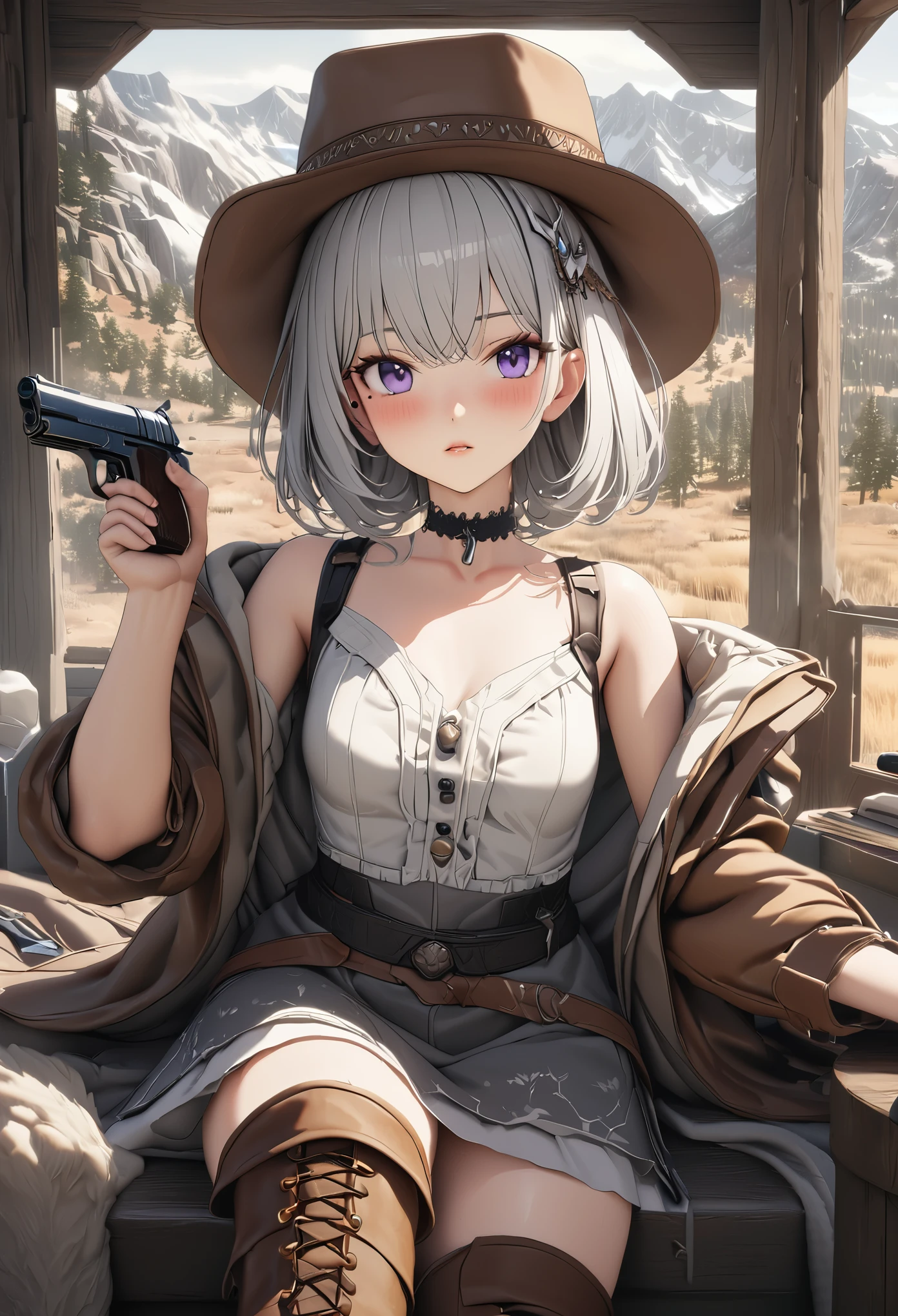 masterpiece,highest quality, Very detailed, High resolution, expensive resolution, High resolution, 4K, 8k, unity 8k wallpaper, Very detailed CG, masterpiece, Photorealistic, 2D, 3D, Beautiful details, depth, Fine texture , Super quality: 1.3, Fully focused, Crispy.skin, .he,
Very cute anime girl 、Desolate wilderness、Cowboy Styleの衣装、Cowboy hat、Cowboy boots、Pistol、mexican wilderness、duel、Pistolを持って立っている、Silver short hair wearing expensive , One Girl、alone, Silver short hair, Cowboy Style、Cowboy hat、Pistol、duel、Cowboy boots、computer、disk、Mole under the eye, looking at the viewer , expensive , blush, Mole, Lips parted, hair ornaments, heart, Purple Eyes, choker