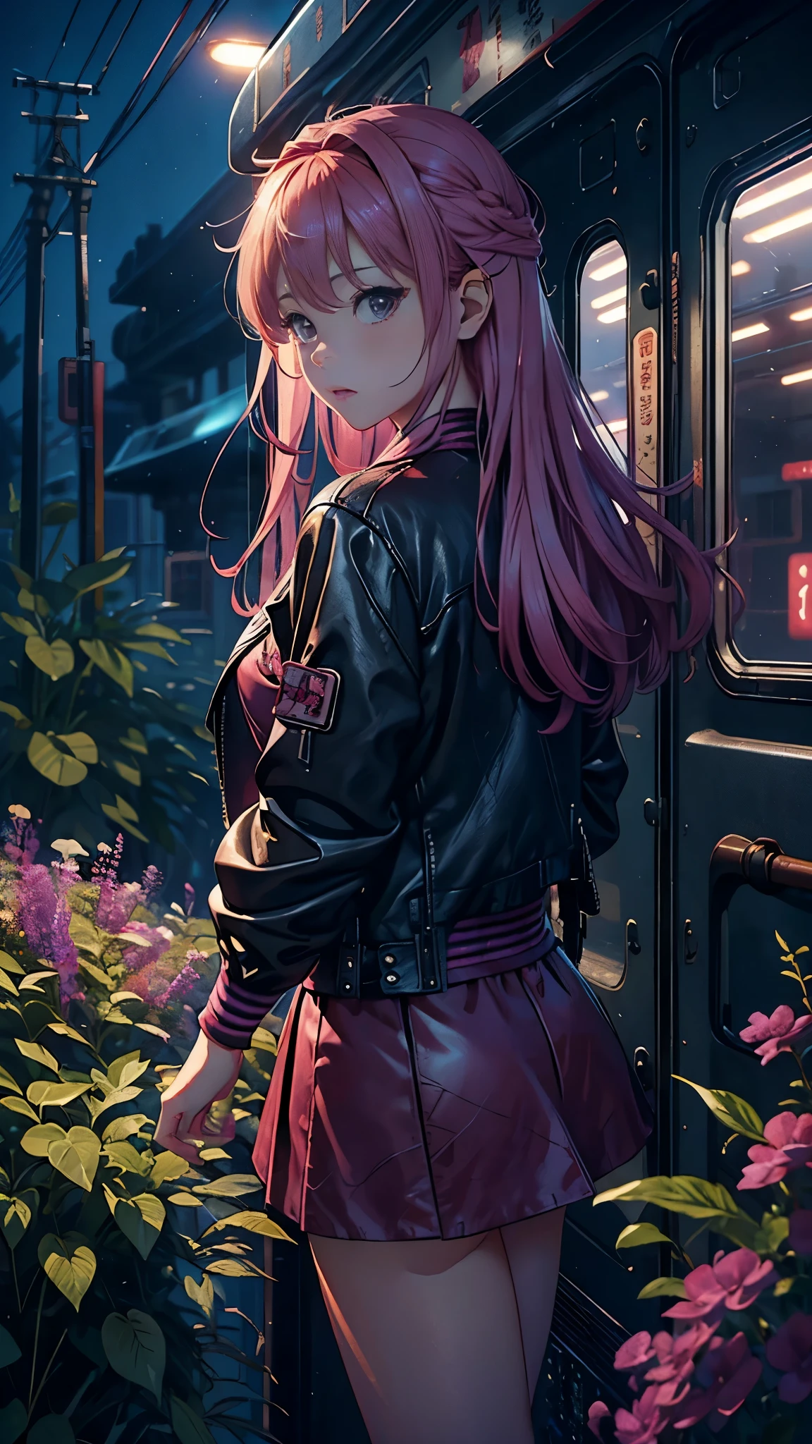 Magenta tint、Bright color works)))、(((quality)))、((Ultra Detailed))、(Surreal)、(Highly detailed CG illustrations)、official art、CD cover、This will be、midsummer、The glorious 1960s、1 girl,Cruel Beauty、Gorgeous Cochetti、Gorgeous、hair color、rock music、leather jacket、mini skirt、Perfect angle、perfect composition、(night,train站,train,Yunxia),