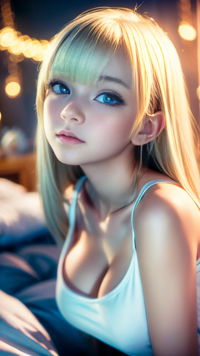 Beautiful innocent 20 year old blonde girl、Beautiful shining platinum blonde hair、bangs fall on face、((Wearing an open white T-shirt,Dramatic Pose)),sexy look,Super long straight blonde silky hair,Bed Background,Beach Background、RAW Photos, (8k、highest quality、masterpiece:1.2)、(Intricate details:1.4)、(Realistic:1.4)、Octane Rendering、Ultra-detailed with exquisite 3D rendering, Studio Soft Light, Rim Light, Crisp details, Super Detail, Realistic skin texture, Cheek gloss、Detailed aspect, Very beautiful bright pale blue eyes, Very big eyes、Highly detailed CG Unity 16k wallpaper, Perfect beauty、Round face、compensate, (Detailed Background:1.2), Shiny skin, whole body、From head to thighs、Cleavage,((sleep with your head up、Angle of view from above))