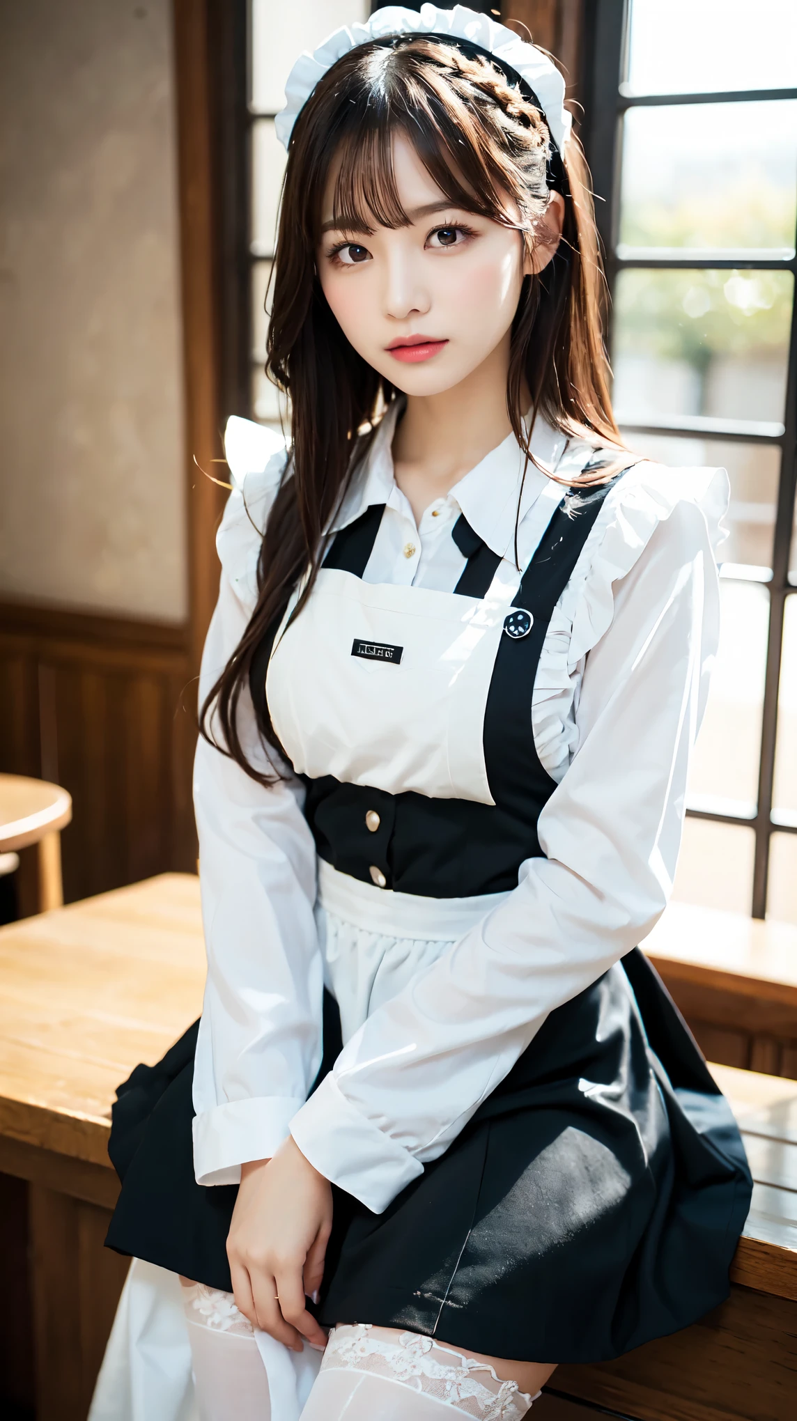 One Girl, apron, Black dress, blush, Braiding, dress, Eyebrows visible through hair, Frills, gloves, Hair between the eyes, jewelry, Juliet Sleeve, Long sleeve, Maid, Maid apron, Maidの頭飾り, Puffy sleeves, short hair, Sitting, White apron, window, Huge 、Nogizaka Idol、Korean Idol、Gravure idol pose、actress、Age 25、expensive、Cafe、restaurant, Official Art,Highly detailed CG Unity 8k wallpaper, (masterpiece:1.0),(highest quality:1.0), photo shoot, 8k, Browsing Caution, High resolution, Kodak Portrait 400, Film Grain, Lens flare brilliance,Show Viewer