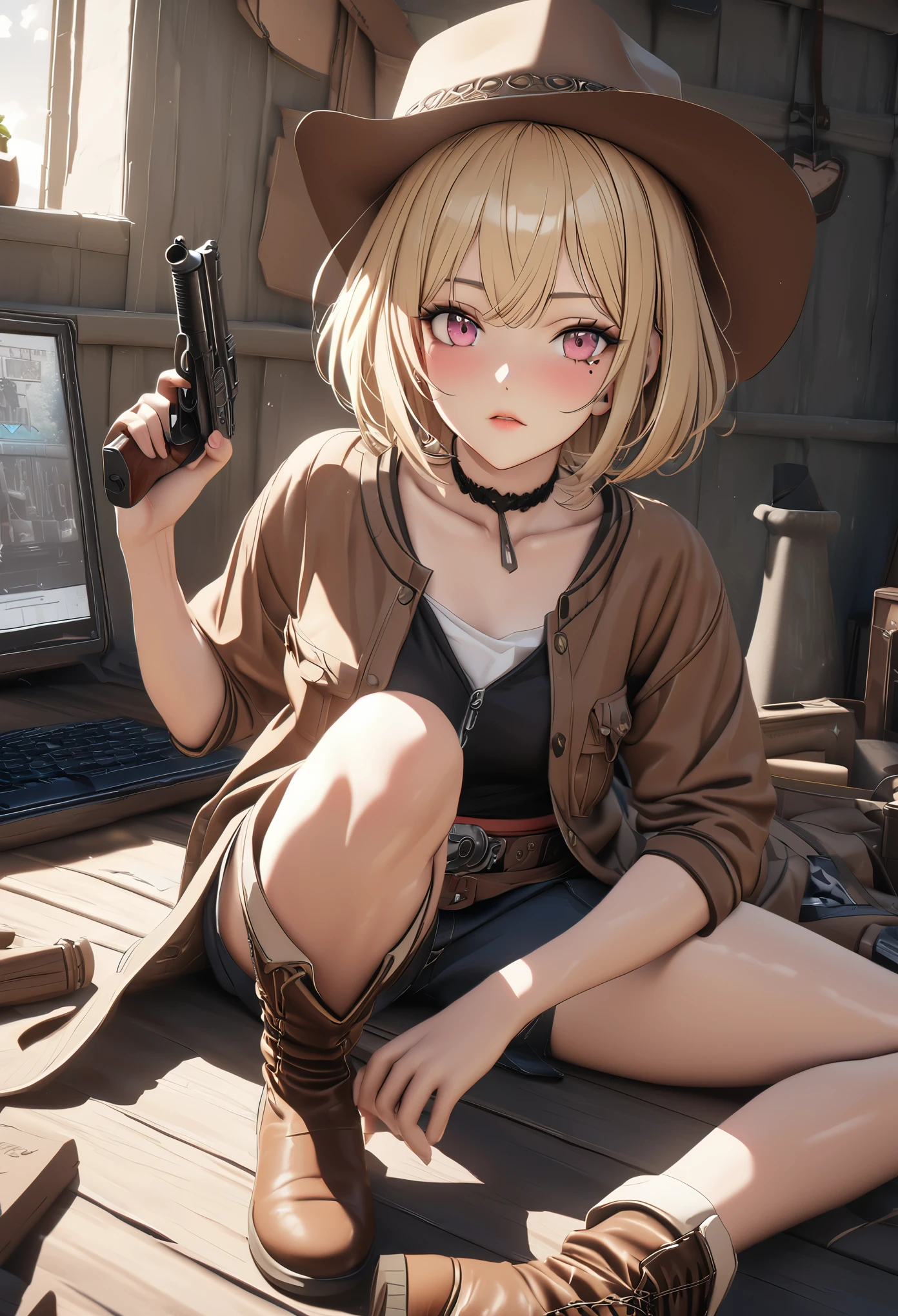masterpiece,highest quality, Super detailed, High resolution, expensive resolution, HDR, 4k, 8K, unity 8k wallpaper, Super detailed CG, masterpiece, realistic, 2D, 3D, beautiful details, depth, fine texture , super fine: 1.3, Fully focused, Crispy.skin, .he,
Very cute anime girl 、Desolate wilderness、cowboy styleの衣装、cowboy hat、cowboy boots、hand gun、mexican wilderness、duel、hand gunを持って立っている、blonde short hair wearing expensive , one girl、alone, blonde short hair, animal ears, bear ears, cowboy style、cowboy hat、hand gun、duel、cowboy boots、computer、disk、mole under the eye, looking at the viewer , expensive , blush, mole, bear ears, parted lips, hair ornaments, heart, pink eyes, choker