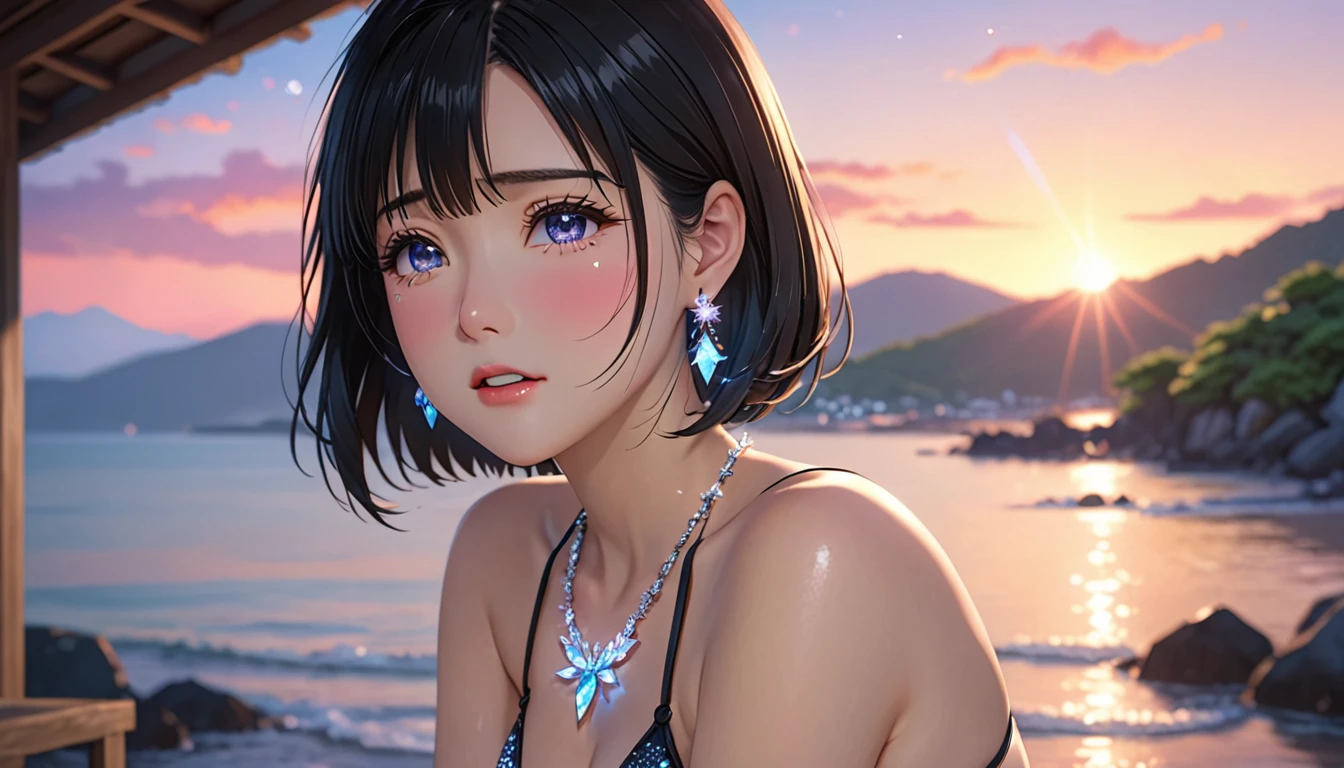 National Science Foundation,masterpiece,High resolution,8K,Art,digit,Three-dimensional,Realism,Kyoto Animation Style,your name movie style,Facing the camera,Sunset,Soft Light,Glowing skin,(1 female: 1.3),(alone: 1.4),(((Black hair))),(Gorgeous gold lace bra and briefs),Swarovski crystals on gorgeous gold lace bra,(crystal hairpin),(crystal necklace),(crystal earrings),Long eyelashes,slender legs,Short Bob,Close-up of upper body,seaside,Lying down with eyes as bright as the starry sky,(blush),(shy),(shy),(((cry))),(((shed tears))),(((feel sad)))
