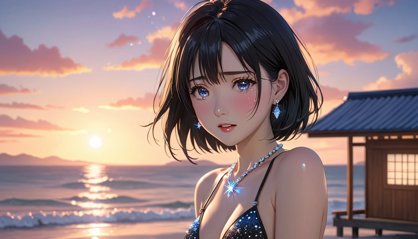 National Science Foundation,masterpiece,High resolution,8K,Art,digit,Three-dimensional,symmetrical picture,Kyoto Animation Style,your name movie style,Facing the camera,Soft Light,Glowing skin,(1 female: 1.3),(alone: 1.4),(((Black hair))),(Gorgeous,sparkling bikini),Swarovski crystals on gorgeous bikini,crystal necklace,crystal earrings,Long eyelashes,slender legs,Short Bob,Close-up of upper body,Close-up,close view,on the coast,Sunset dusk,(Starry eyes),Blushed,shy,shy,open mouth,(((cry))),(((shed tears))),(((feel sad)))