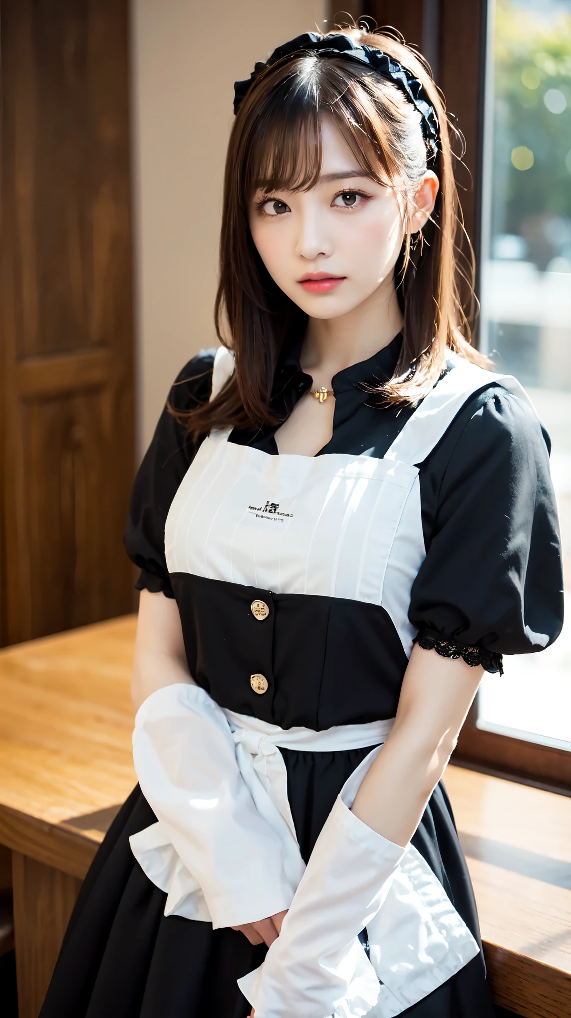 One Girl, apron, Black dress, blush, Braiding, dress, Eyebrows visible through hair, Frills, gloves, Hair between the eyes, jewelry, Juliet Sleeve, Long sleeve, Maid, Maid apron, Maidの頭飾り, Puffy sleeves, short hair, Sitting, White apron, window, Huge 、Nogizaka Idol、Korean Idol、Gravure idol pose、actress、Age 25、expensive、Cafe、restaurant, Official Art,Highly detailed CG Unity 8k wallpaper, (masterpiece:1.0),(highest quality:1.0), photo shoot, 8k, Browsing Caution, High resolution, Kodak Portrait 400, Film Grain, Lens flare brilliance,Show Viewer
