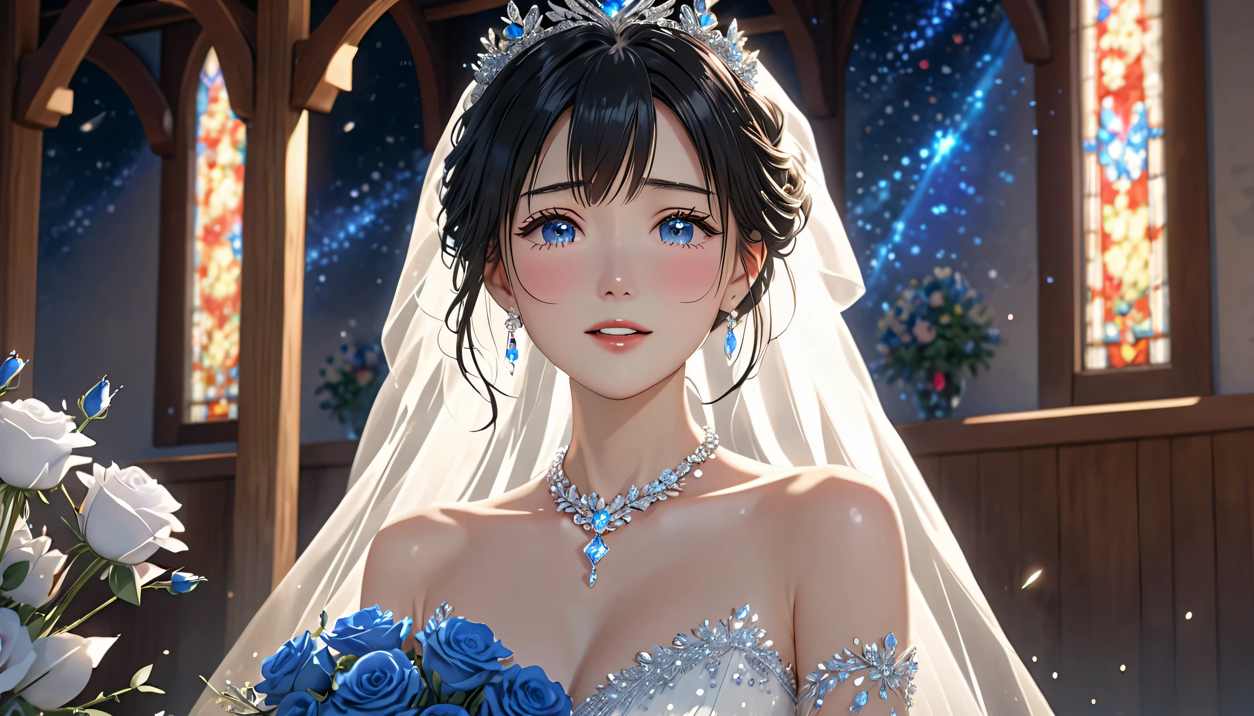 National Science Foundation,masterpiece,High resolution,8K,Art,digit,Three-dimensional,Kyoto Animation Style,your name movie style,Facing the camera,Soft Light,Glowing skin,(1 female: 1.3),(alone: 1.4),(((Black hair))),(Gorgeous,sparkling wedding dress),Swarovski crystals on gorgeous wedding dress,crystal crown,crystal necklace,crystal earrings,Long eyelashes,slender legs,Short Bob,Bouquet of blue roses in hand,Close-up of upper body,Close-up,close view,In the quaint church,Starry eyes,Blushed,shy,shy,open mouth,(((cry))),(((shed tears)))