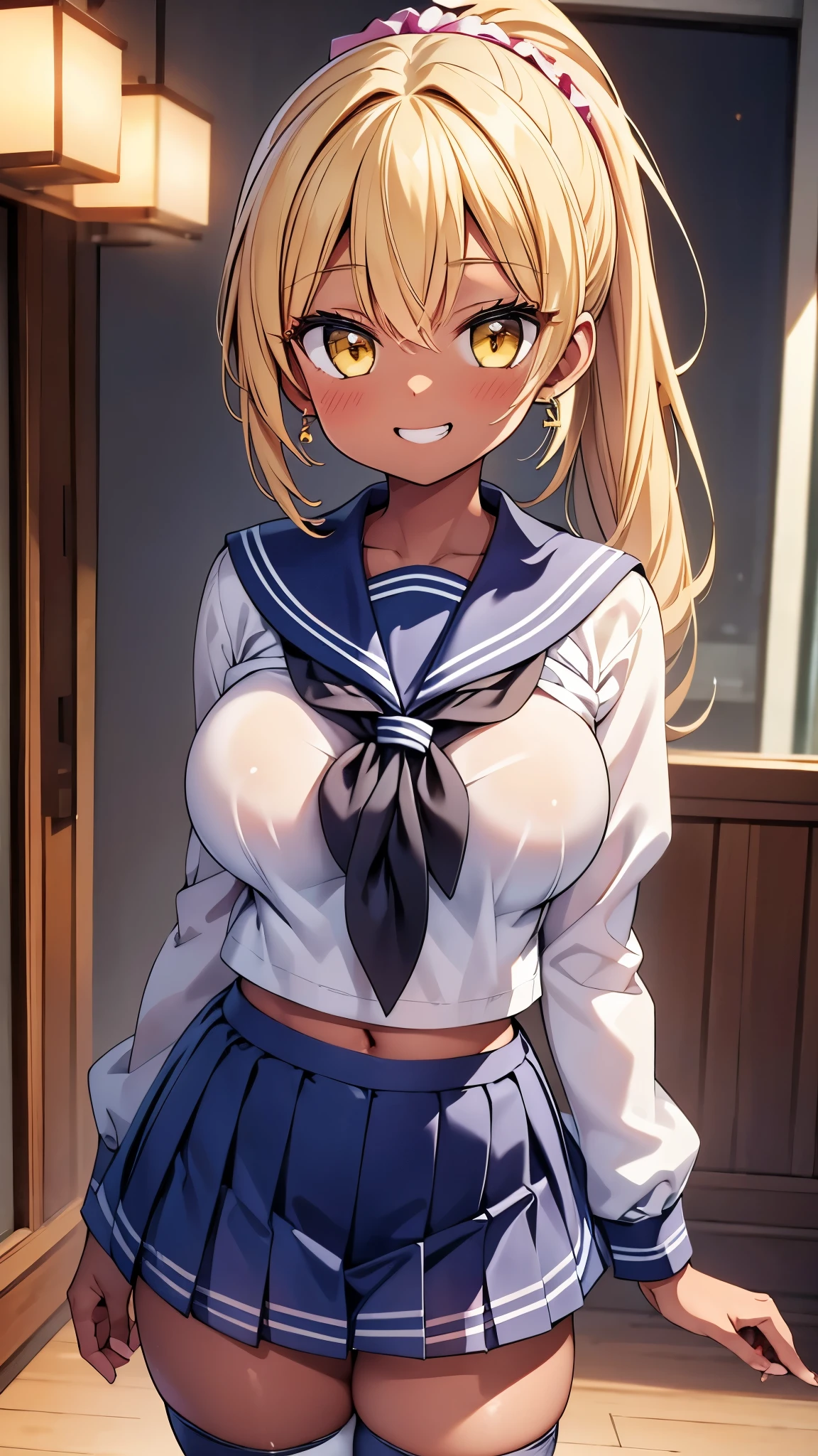 highest quality,wonderful,finely,extremely detailed CG Unity 8K wallpaper, (1 Girl,blonde, Yellow Eyes, Low Ponytail, Scrunchie, Earrings、Wicked Smile), (Grin:1.1), ((Brown Skin:1.2), (huge breasts:1.1),(sailor uniform:1.3), (bra lift:1.2), (zettai ryouiki:1.4)