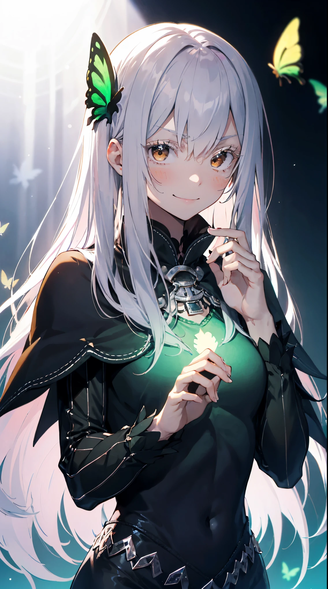 Confused, High resolution, Very detailed, Echidna, Brown eyes, Medium chest, Butterfly Hair Ornament, (Colored eyelashes:1.1), Capelet, Black Dress, Long sleeve, Looking at the audience, Wicked Smile, The colors of another world, Surreal Landscape, invisible light, Fantastic Sparkle, neon green glow, Bright colors, ghostly effect