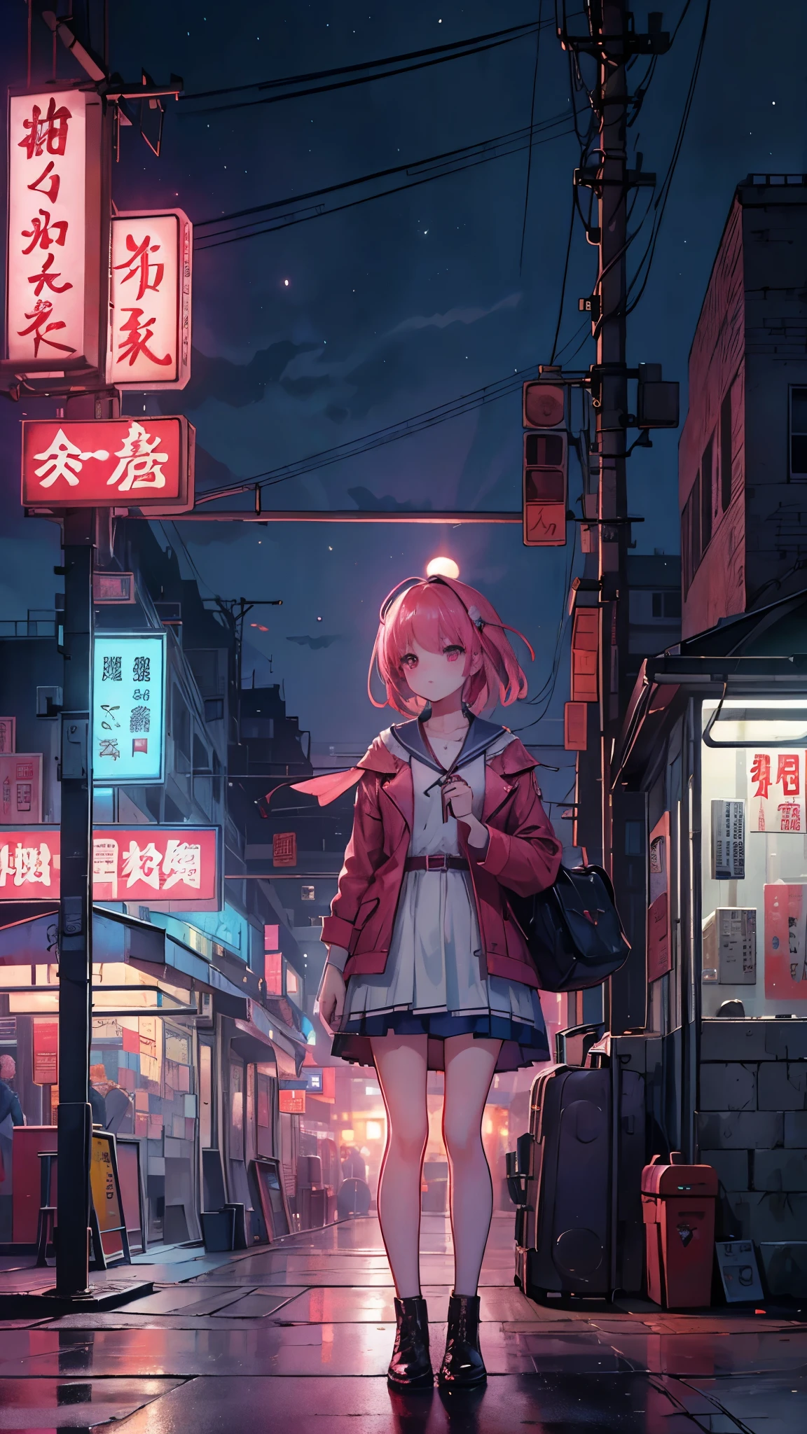 Magenta tint、Bright color works)))、(((quality)))、((Ultra Detailed))、(Surreal)、(Highly detailed CG illustrations）、official art、CD cover、This will be、midsummer、The glorious 1960s、1 girl，corner store，Cruel Beauty、Gorgeous Cochetti、Gorgeous、hair color、rock music、leather jacket、mini skirt、Perfect angle、perfect composition、(night，train station，train，Yunxia)，