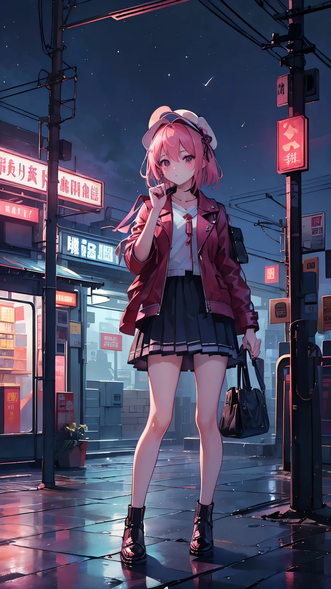 Magenta tint、Bright color works)))、(((quality)))、((Ultra Detailed))、(Surreal)、(Highly detailed CG illustrations)、official art、CD cover、This will be、midsummer、The glorious 1960s、1 girl,corner store,Cruel Beauty、Gorgeous Cochetti、Gorgeous、hair color、rock music、leather jacket、mini skirt、Perfect angle、perfect composition、(night,train station,train,Yunxia),