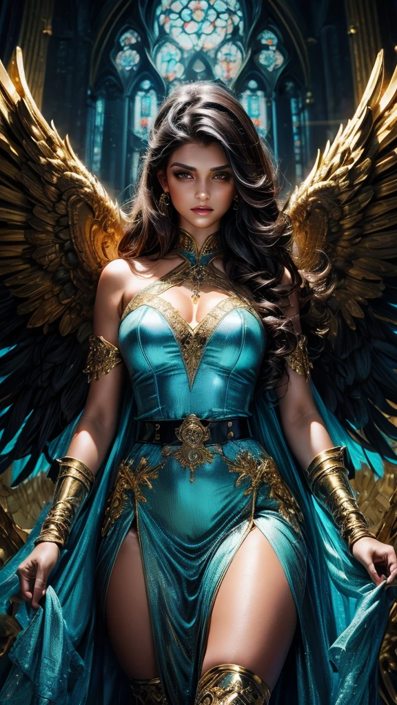 Best quality, 8K,glorious angel, female, beautiful and detailed face, curly long hair,big eyelashes,big angel´s wings,LOOKING TO observer,dark turquoise dress embroided with gold details,fishnets,armlets,black belt,over the knee boots,iluminate cathedral scenario, DYNAMIC ANGLE