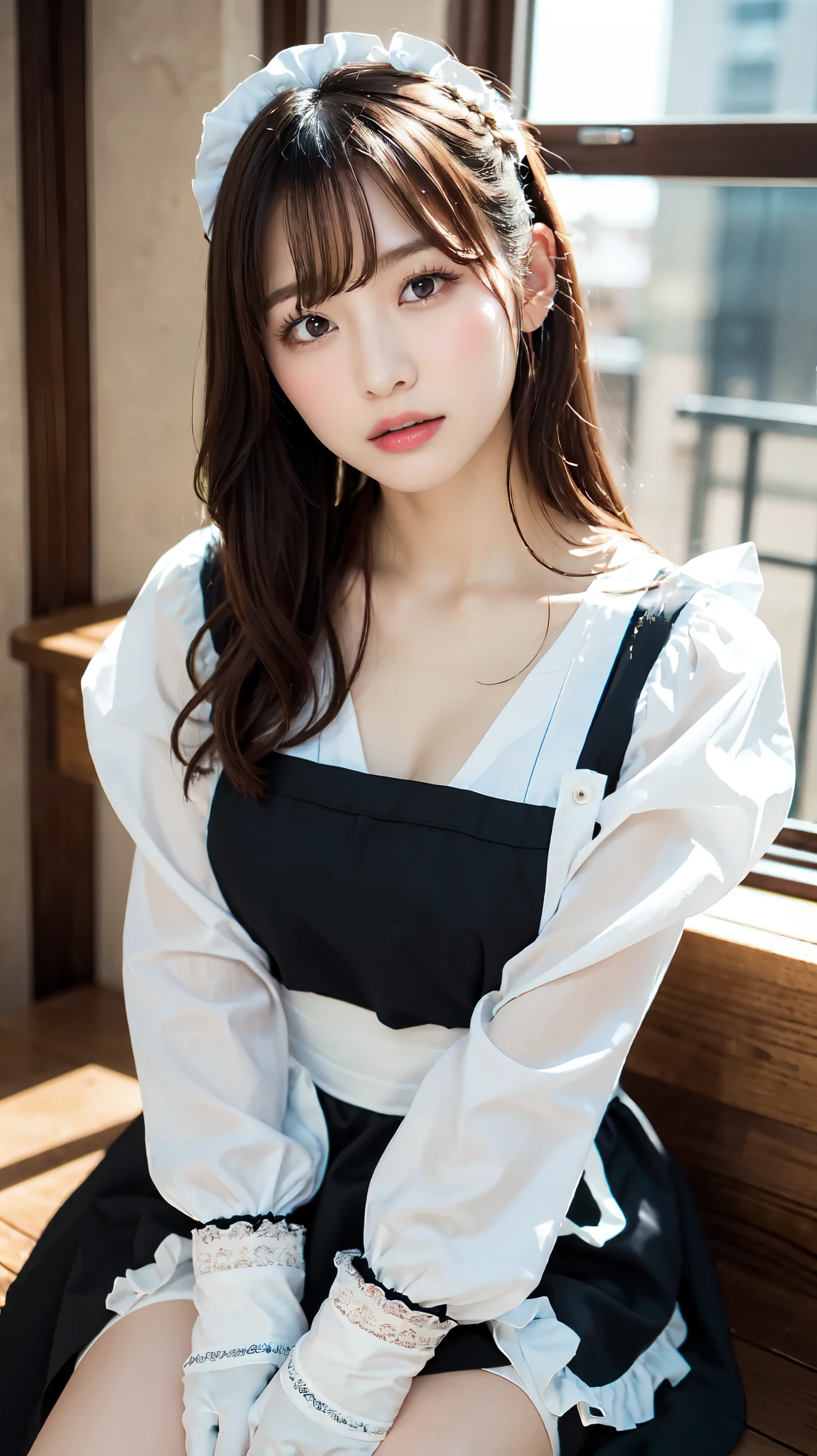 One Girl, apron, Black dress,  blush, Braiding, dress, Eyebrows visible through hair, Frills, gloves, Hair between the eyes, jewelry, Juliet Sleeve, Long sleeve, Maid, Maid apron, Maidの頭飾り, Puffy sleeves, short hair, Sitting, White apron, window, Huge 、Nogizaka Idol、Korean Idol、Gravure idol pose、actress、Age 25、expensive、Cafe、restaurant, Official Art，Highly detailed CG Unity 8k wallpaper, (masterpiece:1.0),(highest quality:1.0), photo shoot, 8k, Browsing Caution, High resolution, Kodak Portrait 400, Film Grain, Lens flare brilliance,Show Viewer